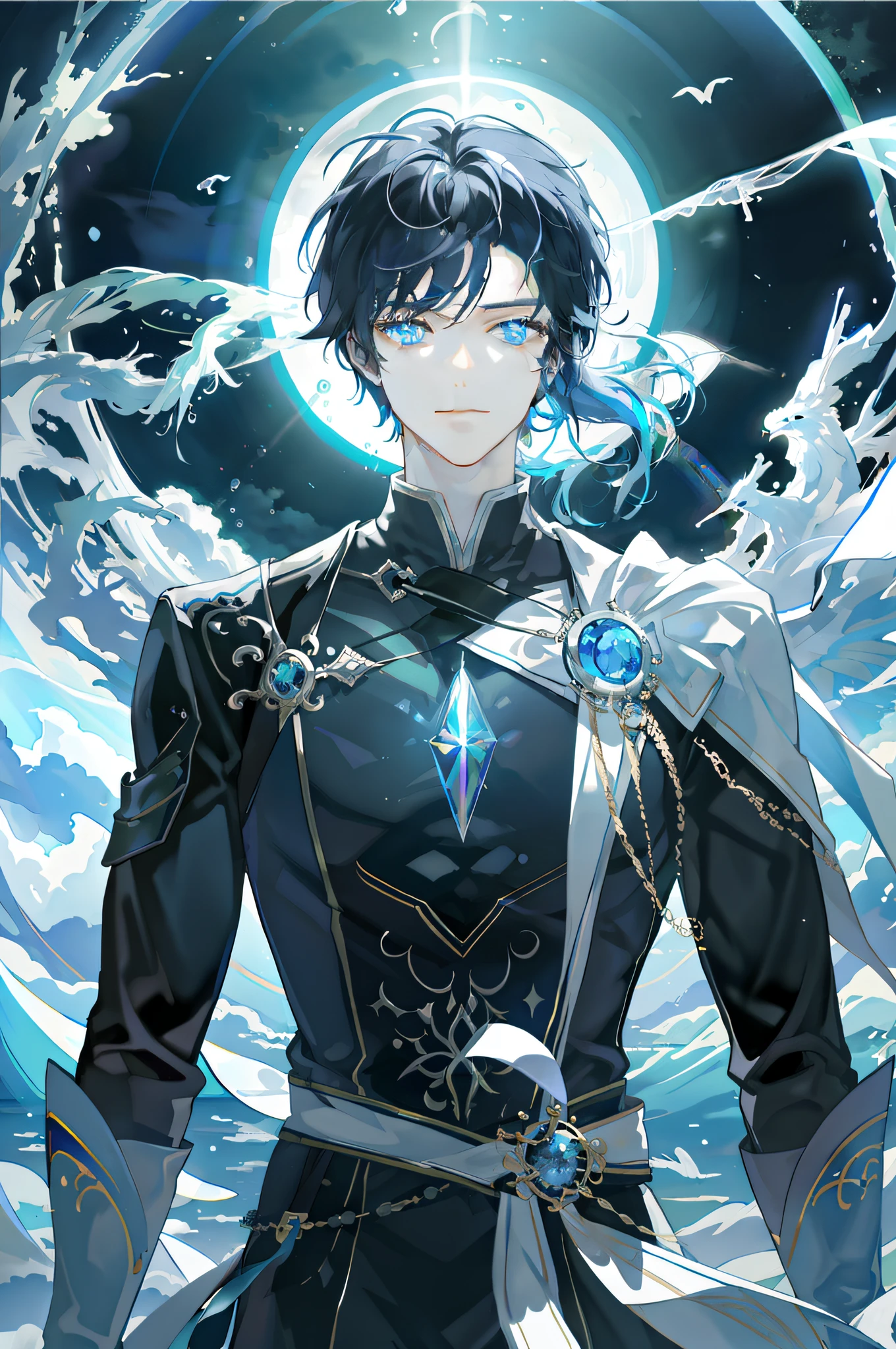 ((Masterpiece, Top quality, super definition, High definition)), Solo, Libido boy, Shining eyes, Perfect eyes, 16 years old, Blue Themes, bathrobe, Fireworks