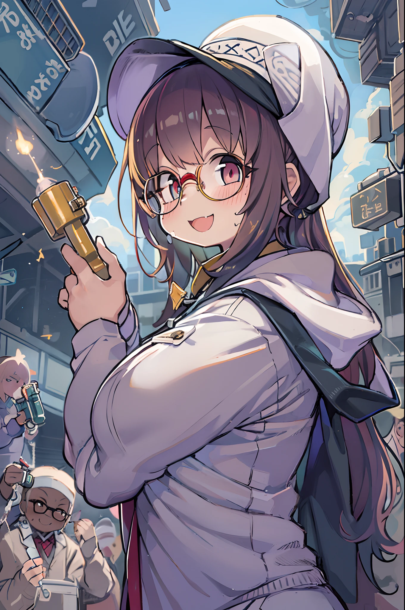 masutepiece, Best Quality, 1girl in, Sharp eyes, nun's uniform、 Smile,rocket launcher、big round glasses,