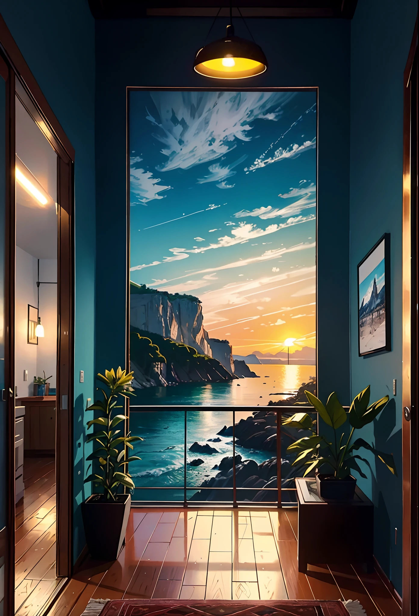 Cozy artiller's studio, Pinturas, arte, Award-Standing, mesa, muitos livros nas paredes, pinturas nas paredes, Vista da janela, mar, Montanhas, amazing sunset, arranjos de flores, Tintas, Brushes, tema do arteista, elegante, dynamic lighting, felicidade, colorido, multicolorido, arteificial, Maior detalhe, super qualidade, pequenos detalhes, Destaques, neon lights, master part, melhores cores