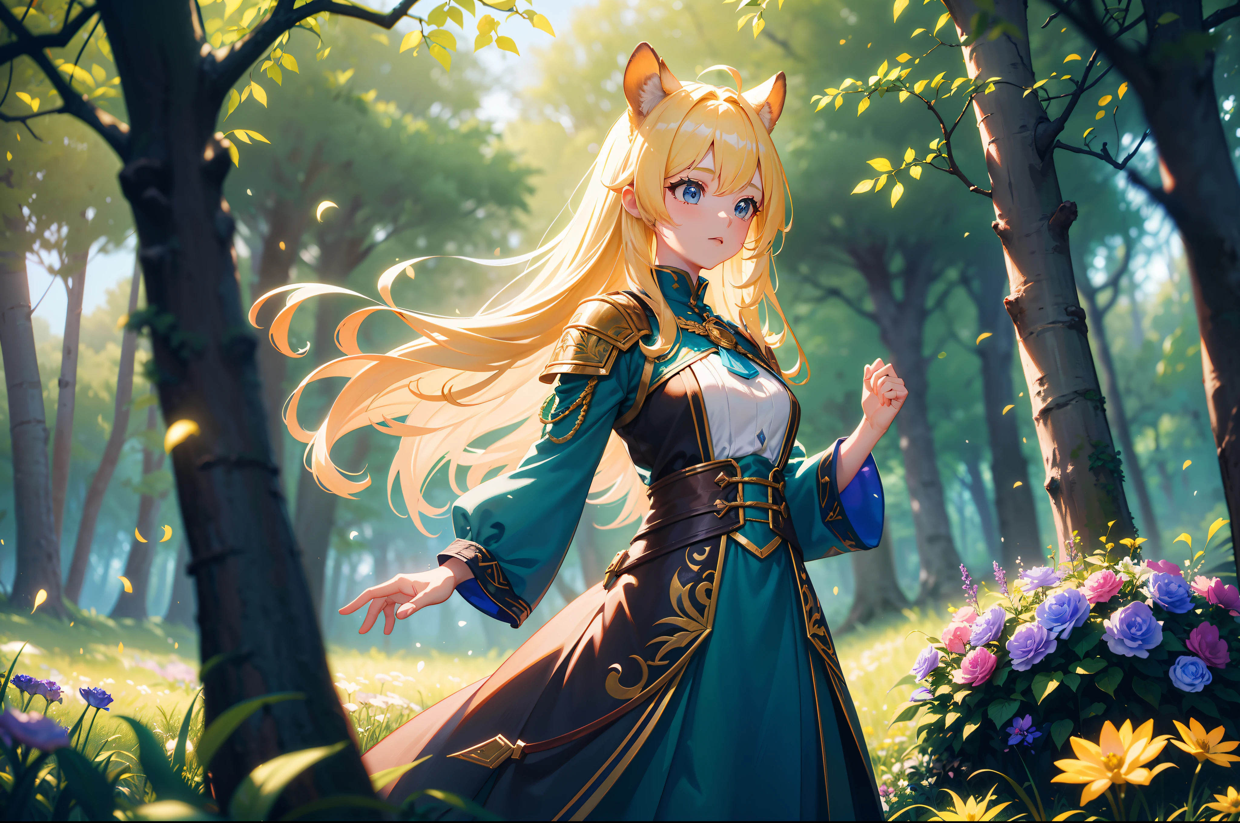 masterpiece, 1beautiful girl, with long hair and guild adventurer clothes, she is in a beautiful ([woodland setting]), {([she is in interaction with the elements of the setting])|+([3D space composition ]):1.2}!  {The setting is: (fareground/ bright leaves+blur, beautiful colorful flowers, fireflies)!  (midground/bright bushes, grasses, flowers, glowing trees, squirrels_on_the_ground, +a 1beautiful girl, with long hair and guild adventurer clothes)!  (background/ froresta_verde_escura)}!  ([camera with dynamic angles/+naturalness]:1.2), maximum detail, ultra quality, maximum resolution, 16k, anime style, ([work with 3D perspective]):1.3