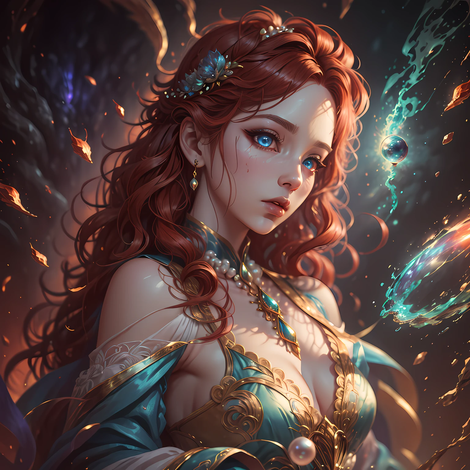 In the style of mythic and storybook fantasy, with rainbow colors. Generate a mature woman with a beautiful face. She is pouting. She has beautiful detailed eyes, 8k eyes, hires eyes, and realistic eyes. She has puffy and shiny lips and a big mouth. She has curly red hair with a realistic texture, curls_hairstyle, side_swept_hair. Her clothes are made of silk and colorful pearls, with intricate embroidery, wearing hc_gown. ((Kimtaeyeon:1.2)), fantasy art, realistic art, subsurface scattering. Include phantasmal iridescence, bumps, and saturated colors. Include many fantasy and celestial details. Intricate details, enhanced details, CGI, unreal engine, unity engine, Fantasy00d:0.5, fantasy character, perfect body, masterpiece int, ((masterpiece)), ((fantasy clothing)), beautiful lighting, Light: Utilize innovative lighting techniques that enhance her eyes and enhance small details in the artwork. Camera: Utilize dynamic composition techniques to create an action-packed image that takes viewers on an adventure.
