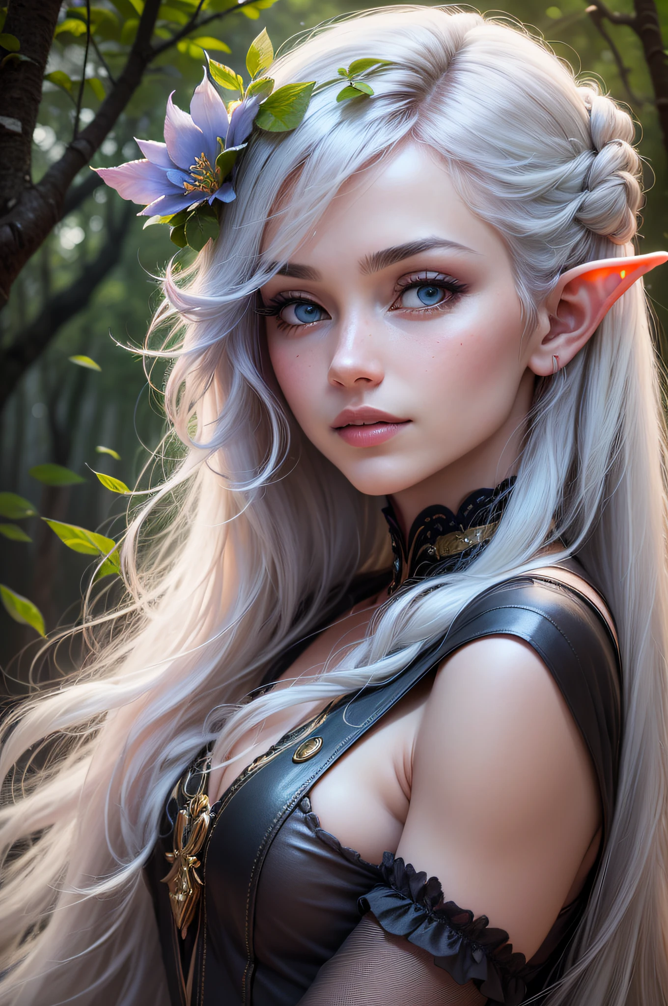 A beautiful elf princess, intricate detailed fantasy portrait, ethereal glowing skin, long flowing silver hair, piercing eyes, delicate facial features, elegant ornate crown, graceful posture, flowing dress, magical forest background, sunlight streaming through the trees, vibrant colors, cinematic lighting, photorealistic, (best quality, 8k, highres, masterpiece:1.2), ultra-detailed, (realistic, photorealistic, photo-realistic:1.37), HDR, UHD, studio lighting, ultra-fine painting, sharp focus, physically-based rendering, extreme detail description, professional, vivid colors, bokeh