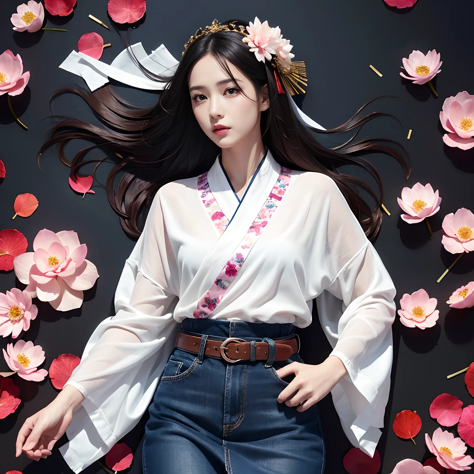 32K（tmasterpiece，k hd，hyper HD，32K）Long flowing black hair，ponds，zydink， a color， Aozhou people （Concubine girl）， （Silk scarf）， Combat posture， looking at the ground， long whitr hair， Floating hair， Carp pattern headdress， Chinese long-sleeved clothing， （abstract ink splash：1.2）， Pink petal background，Pink and white lotus flowers fly（realisticlying：1.4），Black color hair，Fallen leaves flutter，The background is pure， A high resolution， the detail， RAW photogr， Sharp Re， Nikon D850 Film Stock Photo by Jefferies Lee 4 Kodak Portra 400 Camera F1.6 shots, Rich colors, ultra-realistic vivid textures, Dramatic lighting, Unreal Engine Art Station Trend, cinestir 800，Long flowing black hair，Denim skirt