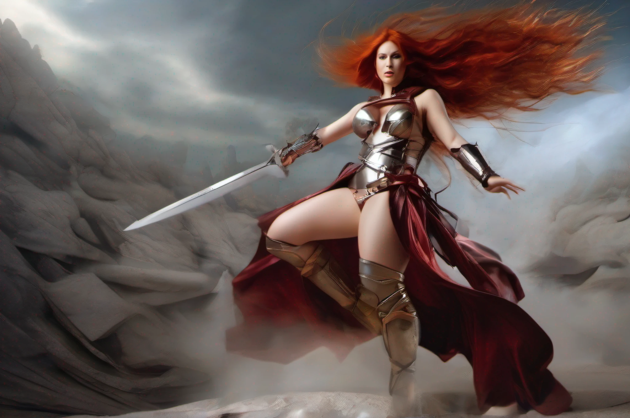 titan femme fatale villainess, fatality action , flowing dress armor, hyper realism, professional photography, brilliant painter , 1girl nudity sexy, breasts, solo, long red hair in motion for air, cleavage, armor, large breasts