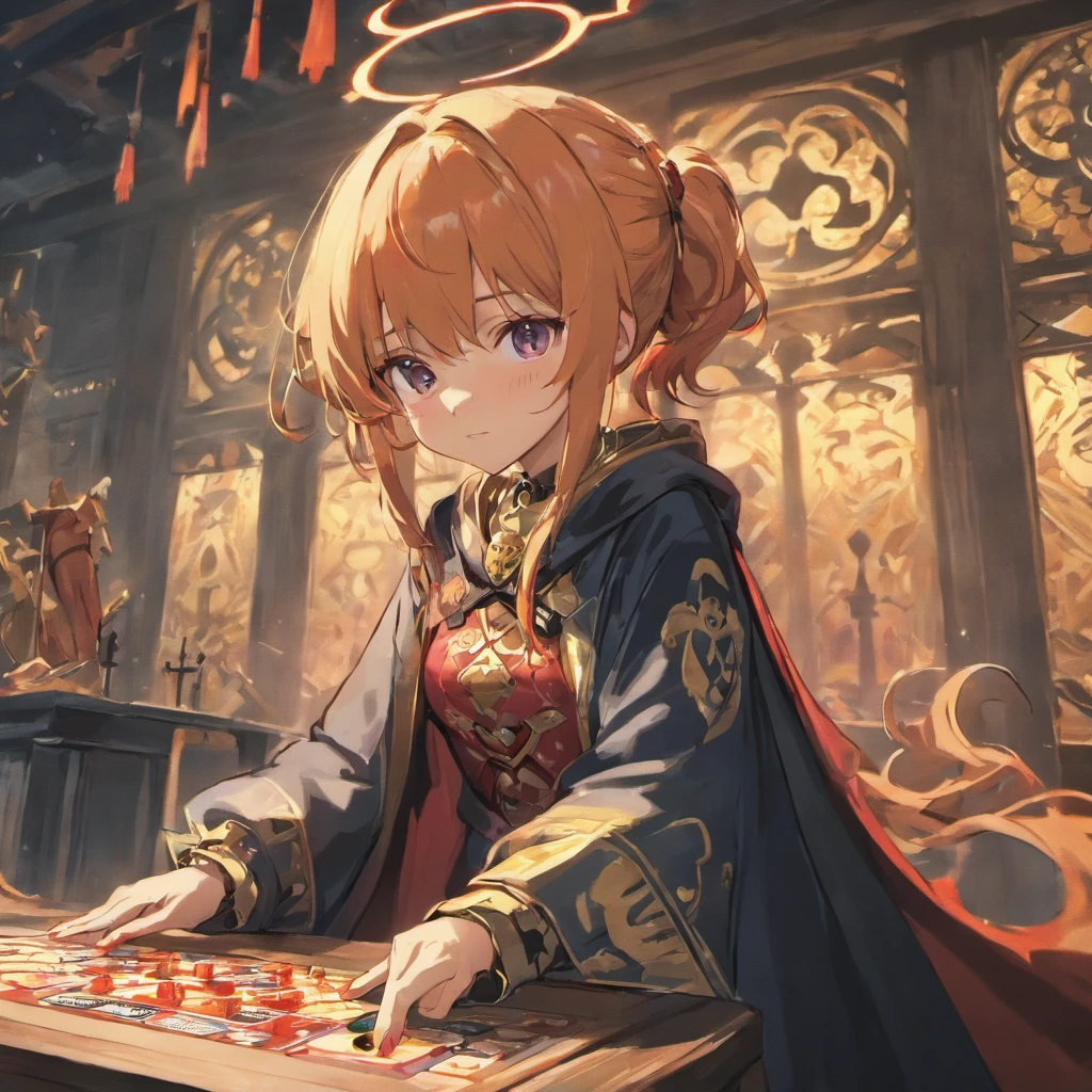 (tmasterpiece,best qualtiy),At the table was a man in a cloak and hood,Board games,dnd,Dungeon Lord,City Lord Curtain,There are dice and candlesticks on the table,Dim Room,anime big breast