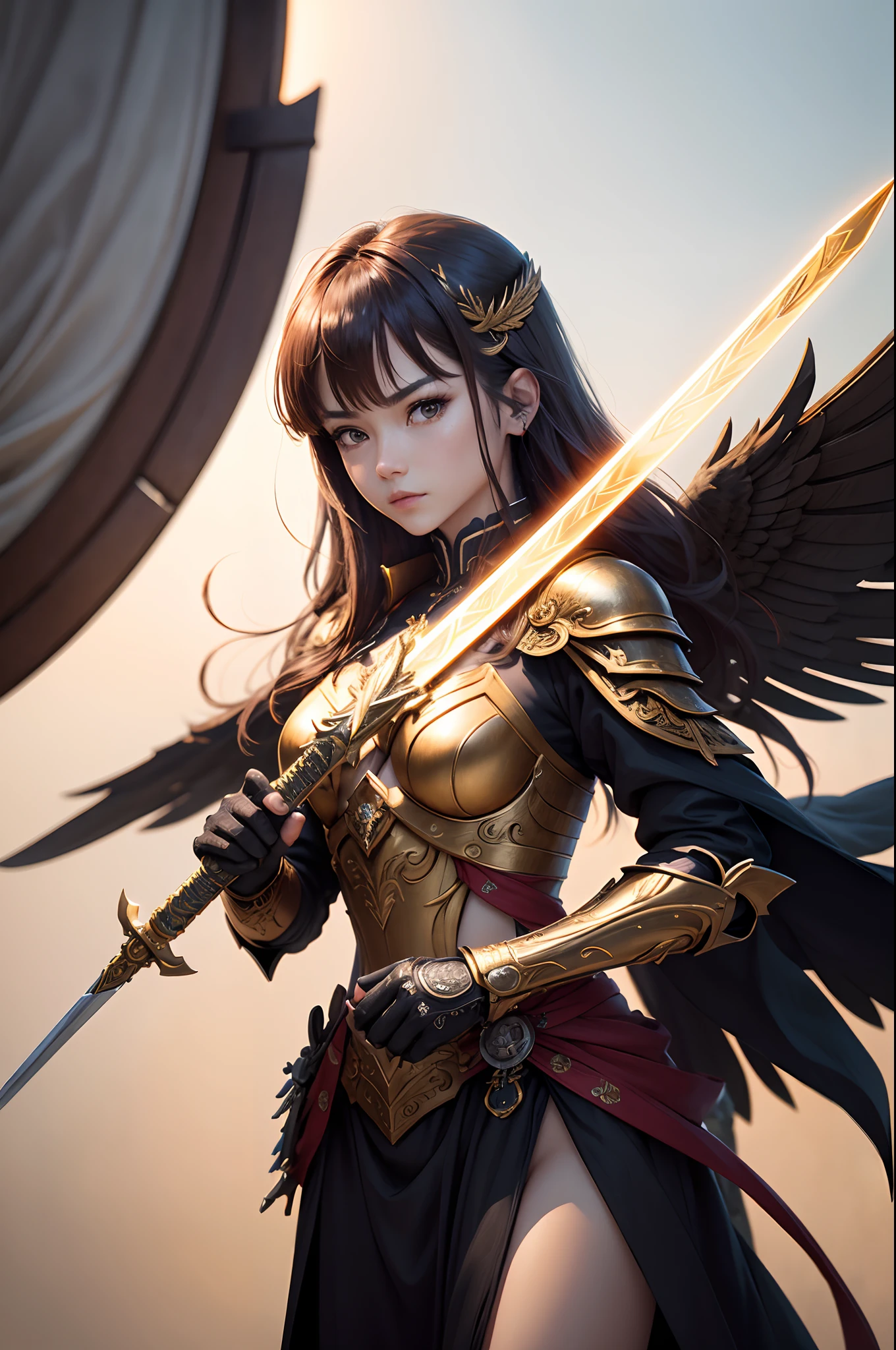 realisitic、4K、8K, Photo Quality、Flying in the sky、photogenic、Red Crow Cyborg、Have a golden sword、Metal Crow、Metal Crow、1 p、Looking at me kindly、(intricate-detail)、nffsw、(intricate-detail、ultra-detailliert:1.2)、Cinematic shots、full body Esbian、Hair is gold、Holding the golden sword