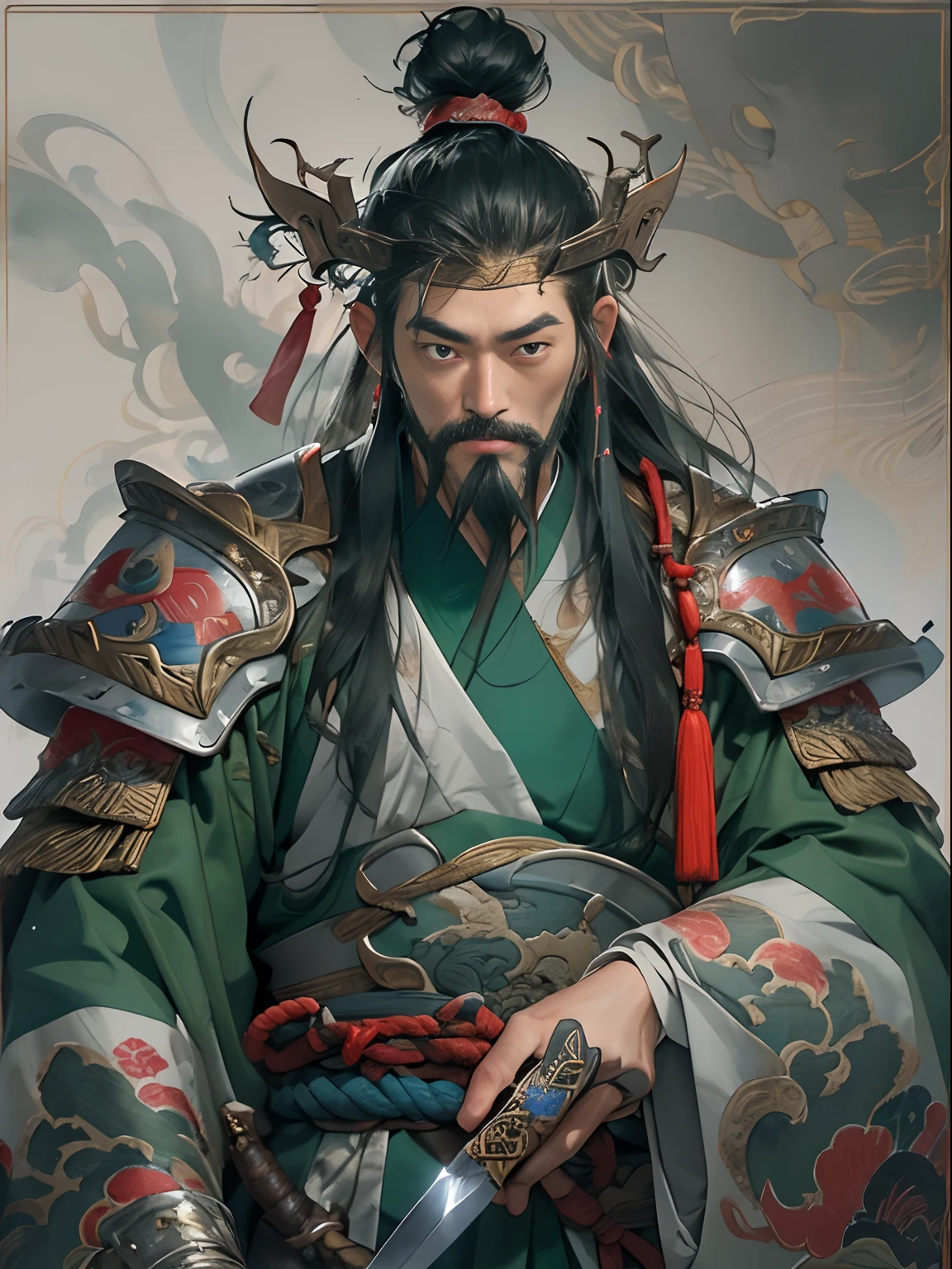 (((China-style,Ink painting method,Half-length portrait,Intense color,Han dynasty, China,Hanfu,Armor,Guan yu,Guan Yunchang,of a guy,Ruddy killing square face,Hold the Blue Dragon Moon Knife in his right hand,Stroke your beard with your left hand,Long hair,petty eyes,Green robe))), (((best qualityer))), (((tmasterpiece))), (((AS-Adult))), ((( Japanese ))), Look up from your knees, Handsome Asian samurai,perfect body figure, Modern samurai, ((( Asian))), Wear gloves on your hands,The left arm is made of steel and metal tips,Made of protective devices, The eyes are pulled, (( Appears below the chest )), (( Small dental floss )), Simon Bisley, Almost naked(Simon Bisley)Castle City Wilderness,For high-resolution posters, hair straight, Minimum clothing, armure (Crazy clothes ), Full of tips and rivets, tribal tattoos, (((full bodyesbian))), Straight brunette hair,Colored hair ends