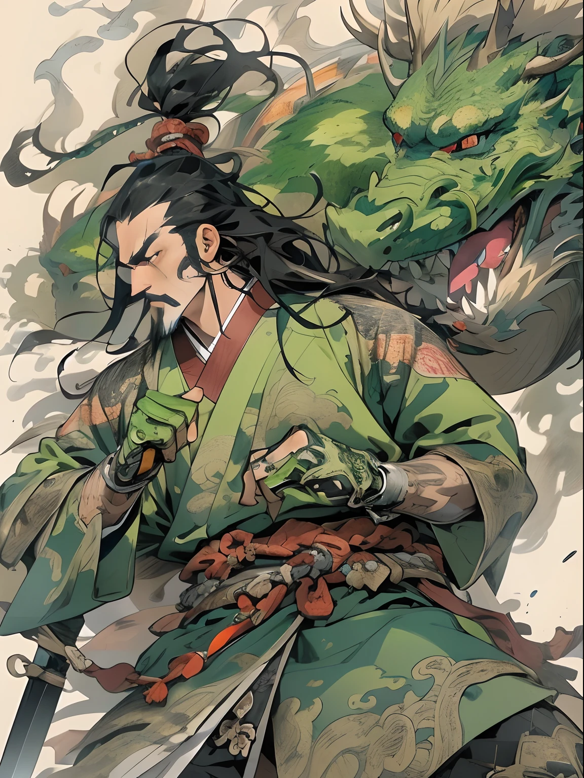 (((China-style，Ink painting method，Half-length portrait，Intense color，Han dynasty, China，Hanfu，Armor，Guan yu，Guan Yunchang，of a guy，Ruddy killing square face，Hold the Blue Dragon Moon Knife in his right hand，Stroke your beard with your left hand，Long hair，petty eyes，Green robe))), (((best qualityer))), (((tmasterpiece))), (((AS-Adult))), ((( Japanese ))), Look up from your knees, Handsome Asian samurai，perfect body figure, Modern samurai, ((( Asian))), Wear gloves on your hands，The left arm is made of steel and metal tips，Made of protective devices, The eyes are pulled, (( Appears below the chest )), (( Small dental floss )), Simon Bisley, Almost naked（Simon Bisley）Castle City Wilderness，For high-resolution posters, hair straight, Minimum clothing, armure (Crazy clothes ), Full of tips and rivets, tribal tattoos, (((full bodyesbian))), Straight brunette hair，Colored hair ends