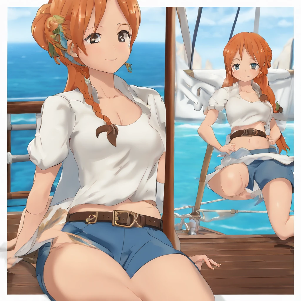 Nami is a character from the One Piece anime, and she is a member of the cast of the hay hat. According to the description I requested, I will try to provide a detailed description of Nami stretching on the ship with three-dimensional technology. (3D):
Nami is a beautiful girl and a young teenager, about 18 years old. She has long brown hair, big, beautiful orange eyes, white skin and cute facial features..
Nami has a slim and athletic body, where her stature is of medium height. It has a symmetrical and well-defined body, but retains a soft feminine figure.
As she stretches on the ship, Nami will appear in her traditional clothes. You're wearing a light blue shirt that reaches the knee, and shorts in the same color. She also wears a yellow belt around her waist and brown shoes.
Nami is shown stretching her legs and putting her hands behind her head or on a small pillow.. Looks calm and relaxed as she enjoys the fresh air and ocean view.
The ship and the sea background can be visualized with three-dimensional graphics, where the details of the waves and clear blue skies can be seen.
I hope you liked the description provided and can help you imagine Nami stretching on the ship realistically in 3D.
