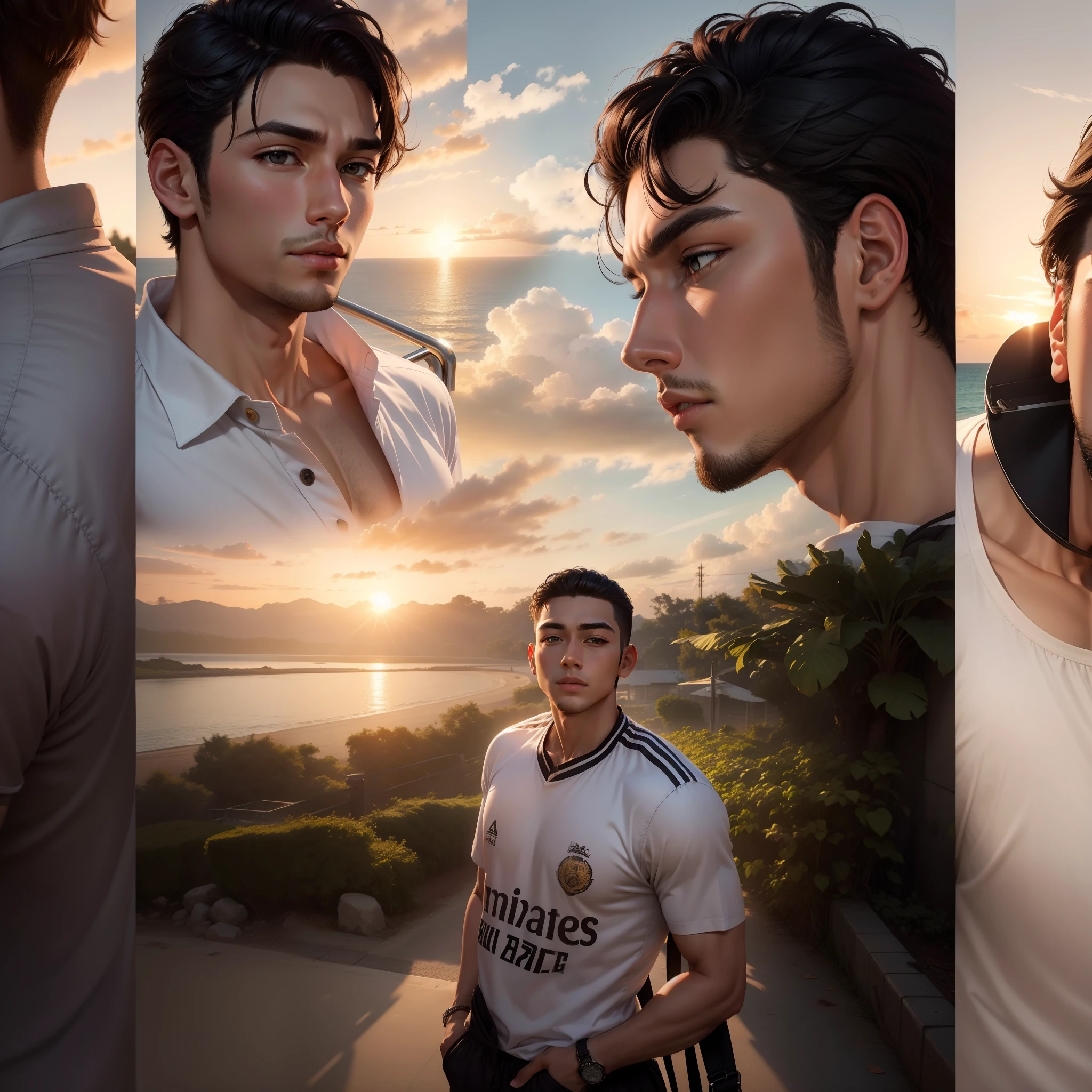 Change Baground to sun set, handsome boy, realistie face , 4k, real face, white teshart, nice looking,