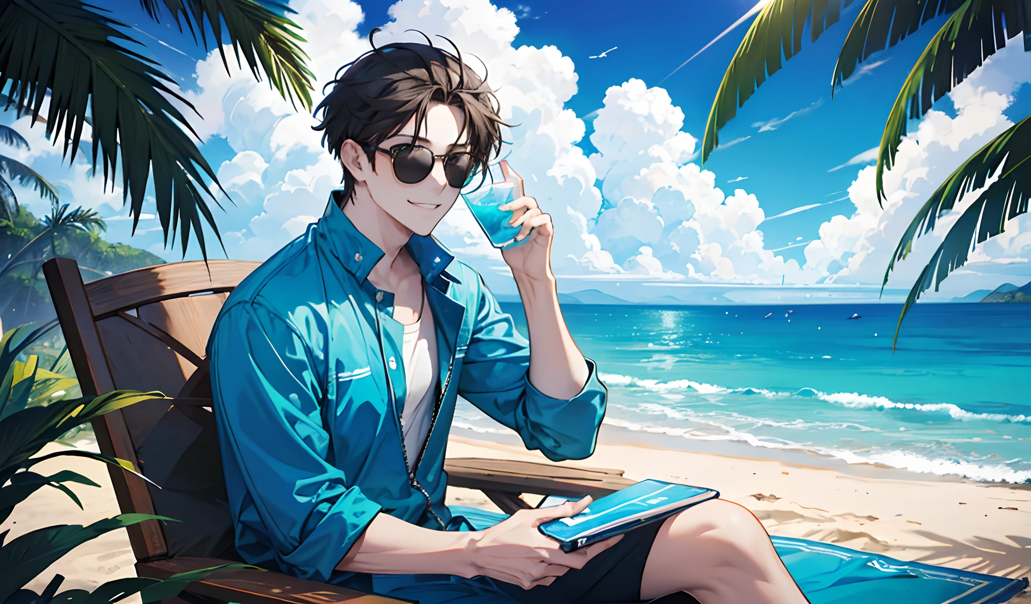 a postcard photo of a man on the beach wearing sunglasses on his head, sitting on a sunlounger, on the side of the image, holding a drink cup, smiling, text, sandy beach, palm trees, turquoise water, seafoam, beautiful lighting, 1 person alone, text box, "happy holidays"