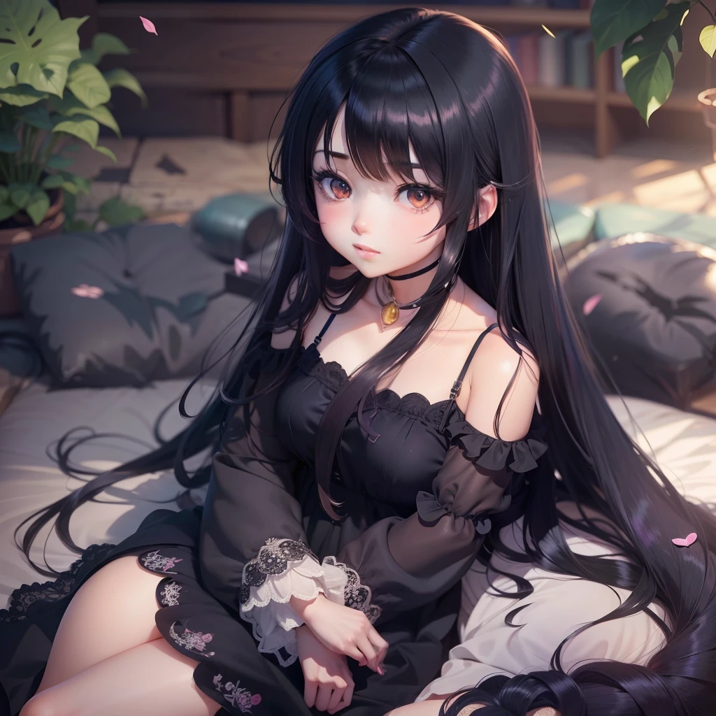 Anime girl sitting with long black hair, hanayamata, Anime moe art style, small curvaceous loli, seductive anime girls, Anime style. 8K, style of anime4 K, Guviz, Anime girl wearing black dress, Guviz-style artwork, Best anime 4k konachan wallpaper