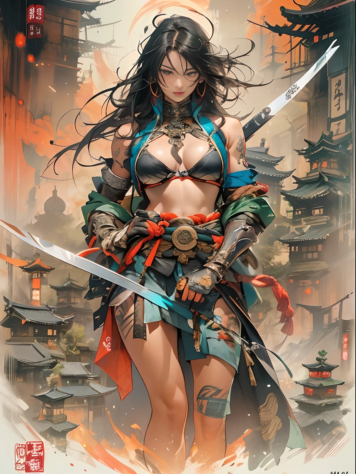 (((woman))), (((best qualityer))), (((tmasterpiece))), (((AS-Adult))), ((( Japanese ))), Look up from your knees, A beautiful asian samurai woman with perfect body, Modern samurai, ((( Asian))), Wear gloves on your hands,The left arm is made of steel and metal tips,Made of protective devices, The eyes are pulled, (( Appears below the breast )), (( Small dental floss )), Simon Bisley, Almost naked(Simon Bisley)Castle City Wilderness,For high-resolution posters, hair straight, Minimum clothing, armure (Crazy clothes ), Full of tips and rivets, tribal tattoos, (((full bodyesbian))), Straight brunette hair,Colored hair ends