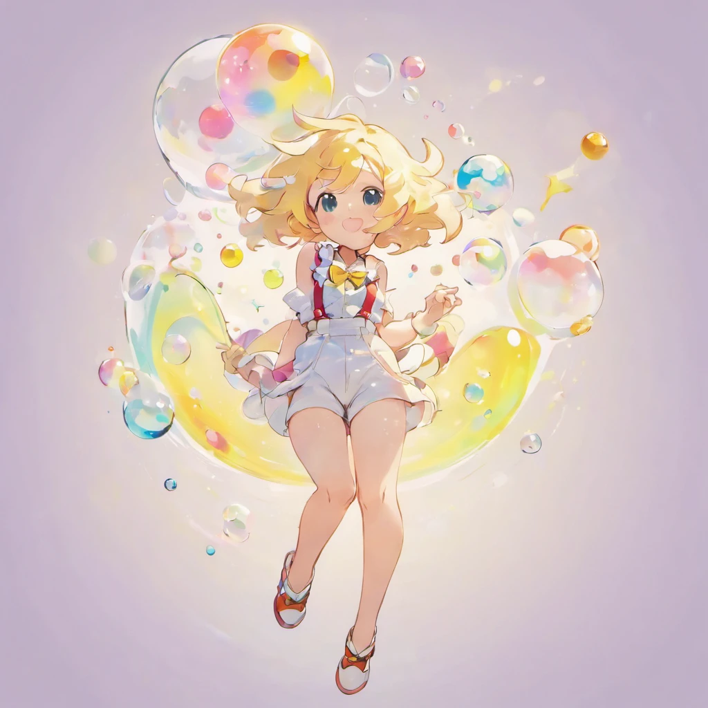 美丽细致的眼睛，Delicate silhouette line, feminine figure wearing white suspenders，afloat，（Colorful splashes），Colorful bubbles