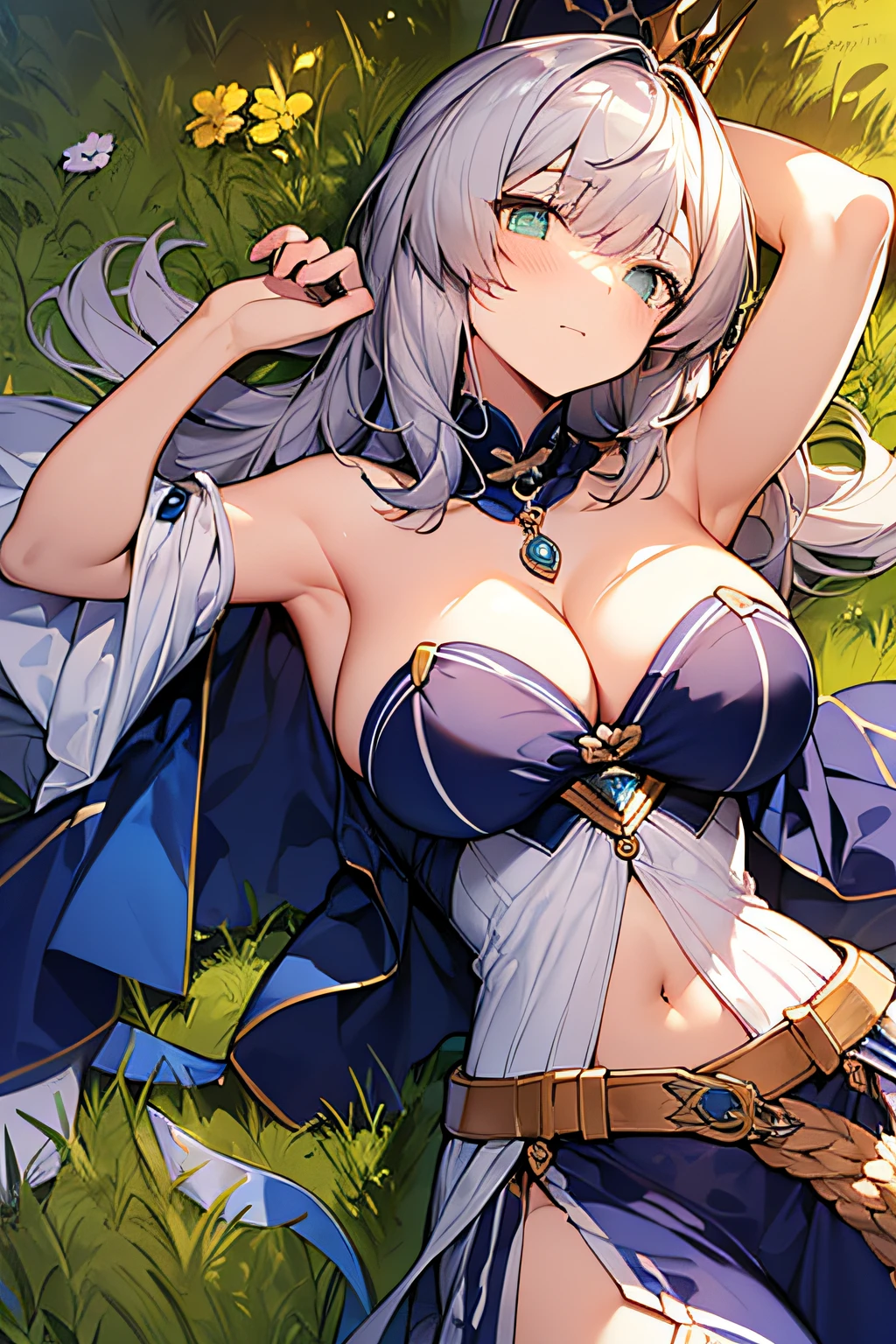 1girll，Artoria，king arthur，saber，King of Britain，FATE series，Knight King，medieval times，Majesty，((Golden hair))，(((lying on the grass ground)))，ln the forest，Serious expression，Arms hang naturally at your sides，Heavy sterling silver armor，Sterling silver leg armor，Sterling silver armour，Dark blue heavy cape，Fur edges，Huge dark blue round battle skirt，Gold lace，Coiled hair，Poor milk，Green eyes，Solitude，A half body，(超高分辨率)，(Ultra-high sharpness)，tmasterpiece，品质最佳，