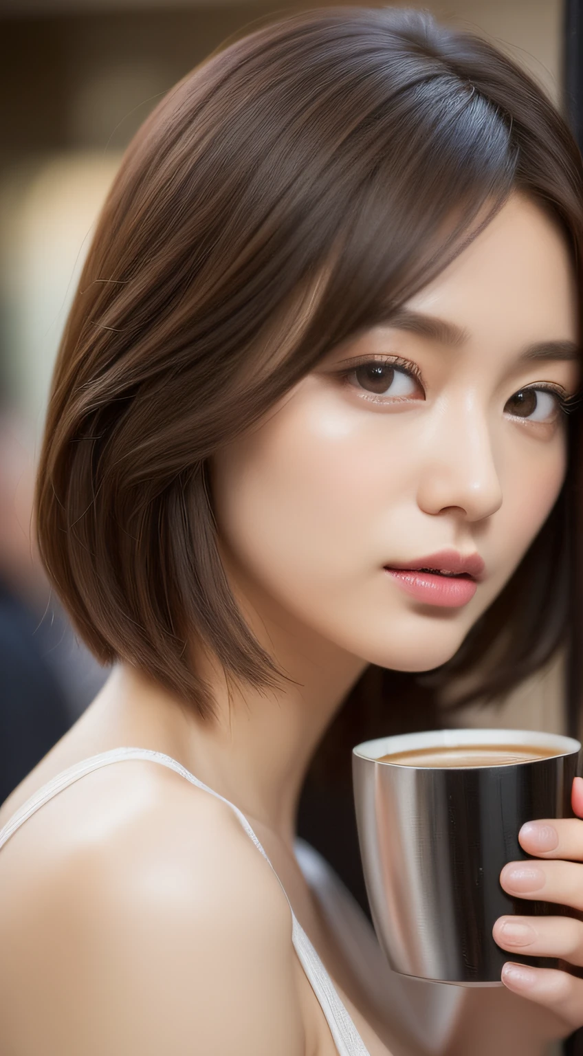 (photographed:1.2)、(Photorealsitic:1.4)、(​masterpiece:1.3)、(top-quality:1.4)、超A high resolution、(A detailed eye)、(detailed facial features)、(detailed clothes features)、8K分辨率、solofocus、bangss、Double eyelids、Beautiful lips、toned legs、(Slender girl)、(a japanese girl)、(Japan Faces)、1 girl in、Slim Beauty:1.3、brown haired、Delicate hair、(Colossal tits:1.2)、Daikanyama、Street、Realistic body、de pele branca、glistning skin、Slim body、(short-hair:1.2)、(bangss: 1.2)、Bruises and ugly face、kawaii faces、Lifelike face、Delicate body、(Detailed Cafe)、Drinking coffee、(Wearing a stylish jersey:1.5)、Terrace seating、((sexy  pose))、stunning lighting