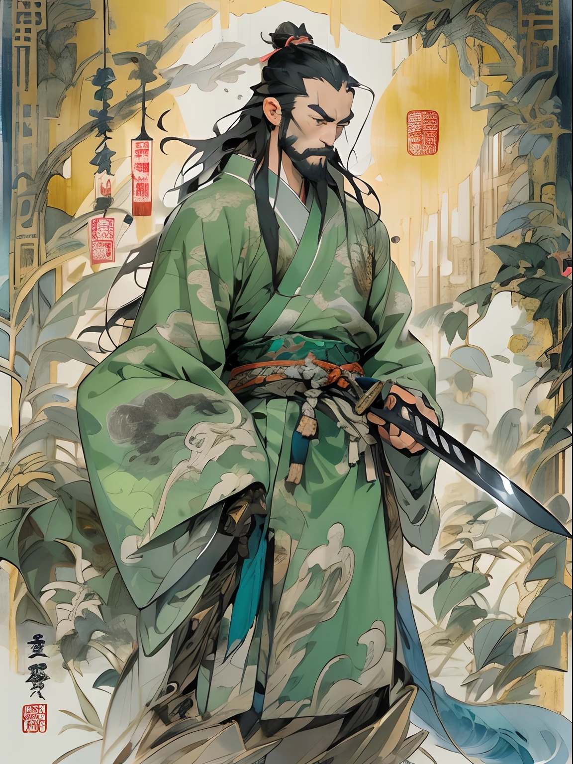 (((China-style，Ink painting method，Half-length portrait，Intense color，Han dynasty, China，Hanfu，Armor，Guan yu，Guan Yunchang，of a guy，Ruddy killing square face，Hold the Blue Dragon Moon Knife in his right hand，Stroke your beard with your left hand，Long hair，petty eyes，Green robe))), (((best qualityer))), (((tmasterpiece))), (((AS-Adult))), ((( Japanese ))), Look up from your knees, Handsome Asian samurai，perfect body figure, Modern samurai, ((( Asian))), Wear gloves on your hands，The left arm is made of steel and metal tips，Made of protective devices, The eyes are pulled, (( Appears below the chest )), (( Small dental floss )), Simon Bisley, Almost naked（Simon Bisley）Castle City Wilderness，For high-resolution posters, hair straight, Minimum clothing, armure (Crazy clothes ), Full of tips and rivets, tribal tattoos, (((full bodyesbian))), Straight brunette hair，Colored hair ends