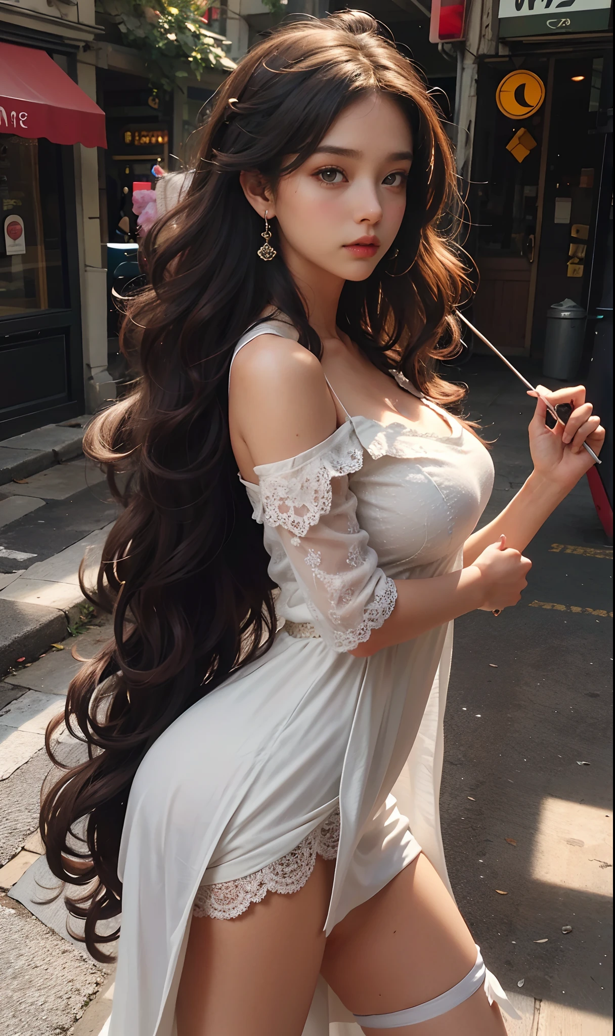 (the street:1 girl with brown hair,standing on your feet), tmasterpiece, best qualtiy, RAW photogr, realisticlying, the face, Incredibly Ridiculous res,, ear studs, (Long flowing brown curly hair),eye shadows,White off-the-shoulder long dress,Long skirt,white legwear,(Plain white flats+),Jade foot,depth of fields, A high resolution, ultra - detailed, filigree, RAWE is very detailed, very detailed eyes and faces, Sharp pupils, realistic pupil, tack sharp focus, cinmatic lighting,full bodyesbian,Bigboobs,long leges,From the front side,dynamicposes,Normal posture,closeup of face