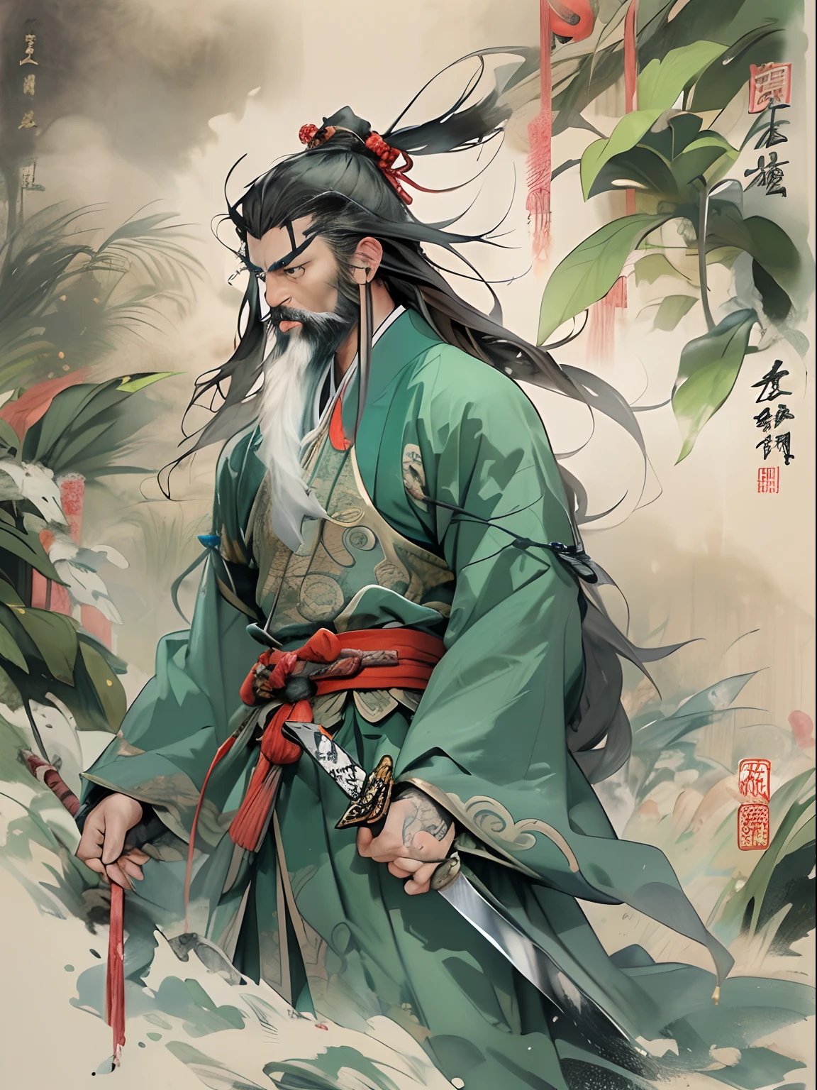 (((China-style,Ink painting method,Half-length portrait,Intense color,Han dynasty, China,Hanfu,Armor,Guan yu,Guan Yunchang,of a guy,Ruddy killing square face,Hold the Blue Dragon Moon Knife in his right hand,Stroke your beard with your left hand,Long hair,petty eyes,Green robe))), (((best qualityer))), (((tmasterpiece))), (((AS-Adult))), ((( Japanese ))), Look up from your knees, Handsome Asian samurai,perfect body figure, Modern samurai, ((( Asian))), Wear gloves on your hands,The left arm is made of steel and metal tips,Made of protective devices, The eyes are pulled, (( Appears below the chest )), (( Small dental floss )), Simon Bisley, Almost naked(Simon Bisley)Castle City Wilderness,For high-resolution posters, hair straight, Minimum clothing, armure (Crazy clothes ), Full of tips and rivets, tribal tattoos, (((full bodyesbian))), Straight brunette hair,Colored hair ends
