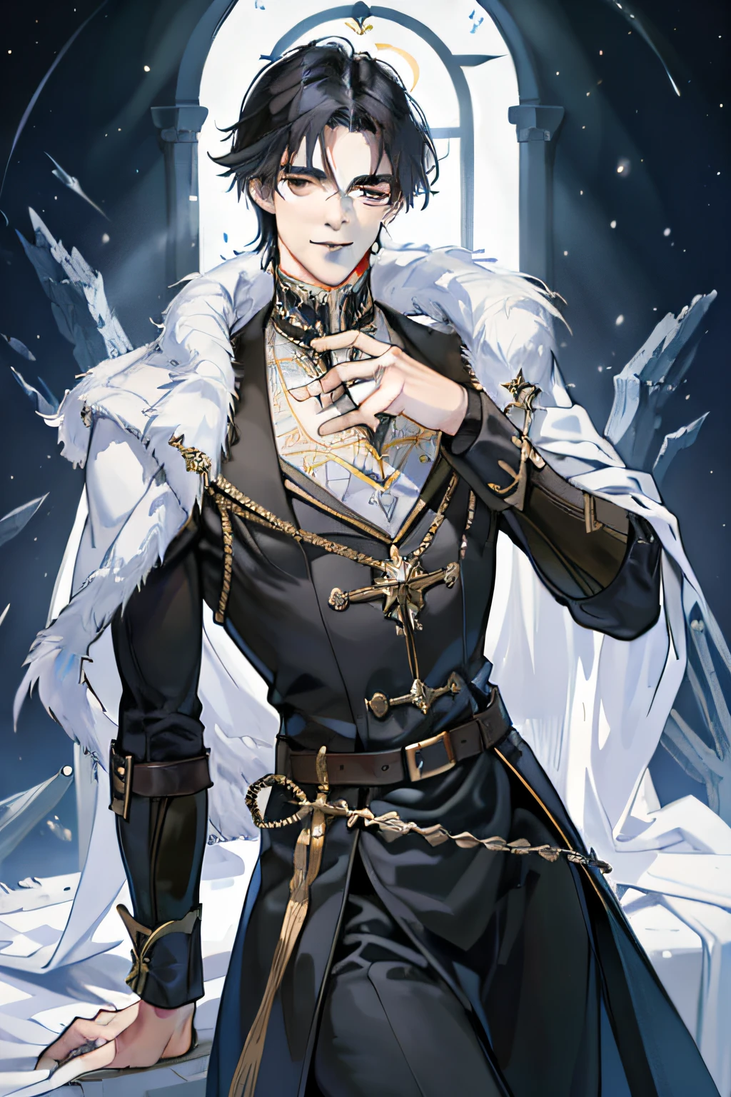 (absurdres, highres, ultra detailed), 1 male, adult, handsome, tall muscular guy, broad shoulders, finely detailed eyes, dark color hair, fantasy, complex pattern, detailed face, throne, magic effect, best ratio four finger and one thumb, ice, bitter cold, cold snap, smile, (dutch angle), closed mouth