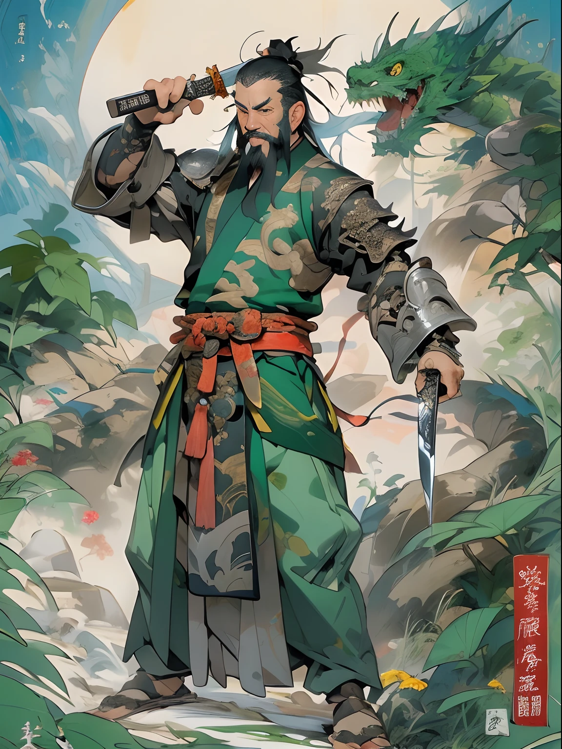 (((China-style，Ink painting method，Half-length portrait，Intense color，Han dynasty, China，Hanfu，Armor，Guan yu，Guan Yunchang，of a guy，Ruddy killing square face，Hold the Blue Dragon Moon Knife in his right hand，Stroke your beard with your left hand，Long hair，petty eyes，Green robe))), (((best qualityer))), (((tmasterpiece))), (((AS-Adult))), ((( Japanese ))), Look up from your knees, Handsome Asian samurai，perfect body figure, Modern samurai, ((( Asian))), Wear gloves on your hands，The left arm is made of steel and metal tips，Made of protective devices, The eyes are pulled, (( Appears below the chest )), (( Small dental floss )), Simon Bisley, Almost naked（Simon Bisley）Castle City Wilderness，For high-resolution posters, hair straight, Minimum clothing, armure (Crazy clothes ), Full of tips and rivets, tribal tattoos, (((full bodyesbian))), Straight brunette hair，Colored hair ends