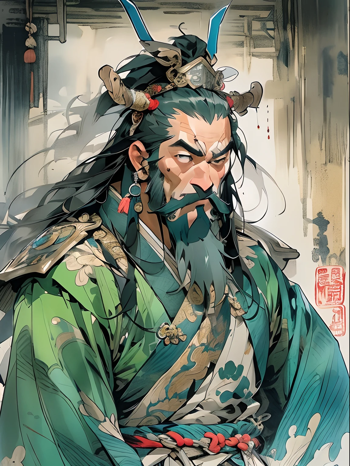 (((China-style,Ink painting method,Half-length portrait,Intense color,Han dynasty, China,Hanfu,Armor,Guan yu,Guan Yunchang,of a guy,Ruddy killing square face,Hold the Blue Dragon Moon Knife in his right hand,Stroke your beard with your left hand,Long hair,petty eyes,Green robe))), (((best qualityer))), (((tmasterpiece))), (((AS-Adult))), ((( Japanese ))), Look up from your knees, Handsome Asian samurai,perfect body figure, Modern samurai, ((( Asian))), Wear gloves on your hands,The left arm is made of steel and metal tips,Made of protective devices, The eyes are pulled, (( Appears below the chest )), (( Small dental floss )), Simon Bisley, Almost naked(Simon Bisley)Castle City Wilderness,For high-resolution posters, hair straight, Minimum clothing, armure (Crazy clothes ), Full of tips and rivets, tribal tattoos, (((full bodyesbian))), Straight brunette hair,Colored hair ends