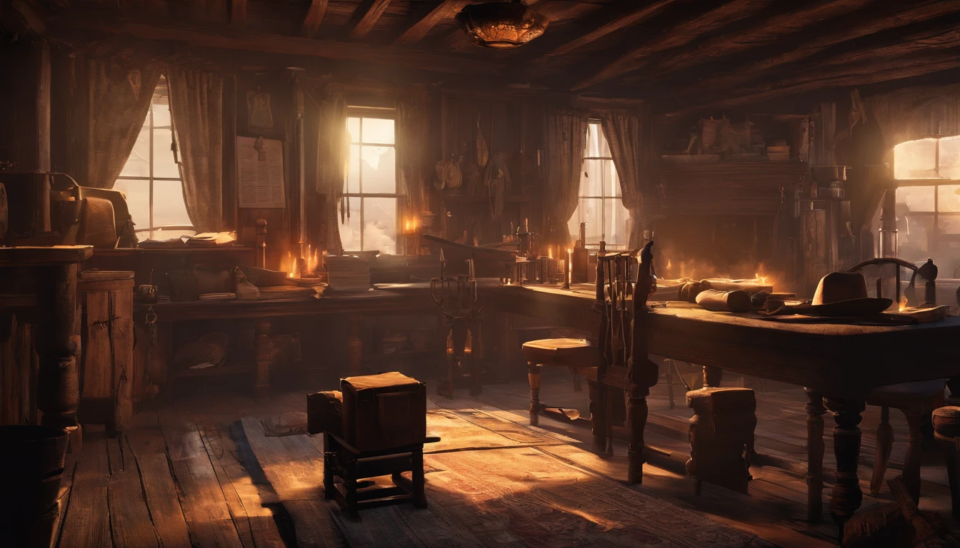 (best quality,4k,8k,highres,masterpiece:1.2),ultra-detailed,(realistic,photorealistic,photo-realistic:1.37),red dead redemption 2 artwork style,dark room,1899 western style,sheriff office,sheriff office decoration ,sheriff badge,wooden desk,oil painting texture,vintage atmosphere,vibrant colors,soft lighting,Wanted posters hanging on the wall,old wooden walls and floors,strong shadows,leather chairs,dusty air,aged artifacts,authentic costumes,cowboy boots,revolver holsters,jail cells in the background,old documents on the desk,authentic western rifles,antique furniture,sunlight streaming through the window,whiskey bottles on the table,handwritten letters,fireplace with a flickering flame,a painting of the wild west landscape in the background,6 men, 6 sheriffs standing, sheriff malloy
