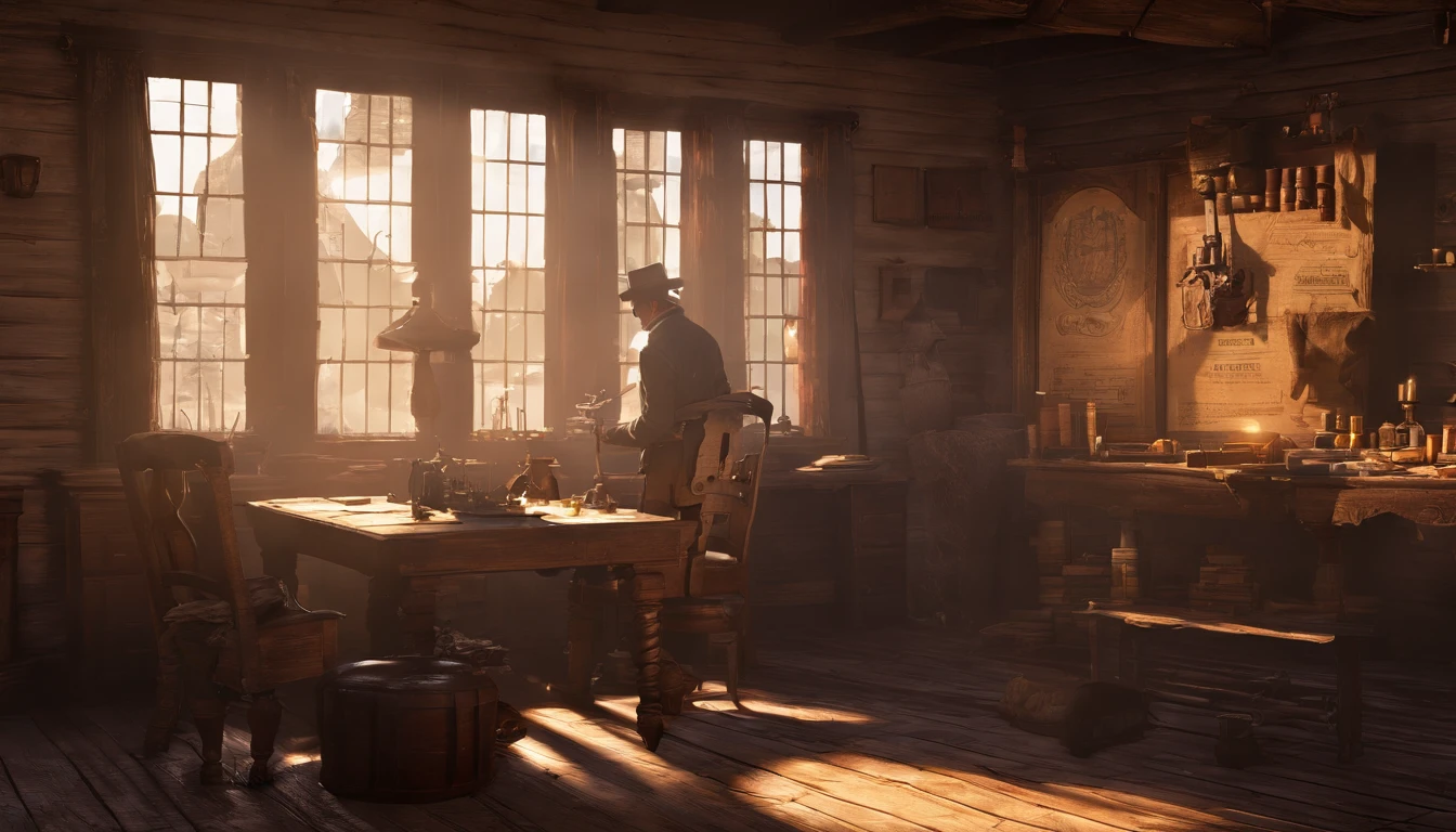 (best quality,4k,8k,highres,masterpiece:1.2),ultra-detailed,(realistic,photorealistic,photo-realistic:1.37),red dead redemption 2 artwork style,dark room,1899 western style,sheriff office,sheriff office decoration ,sheriff badge,wooden desk,oil painting texture,vintage atmosphere,vibrant colors,soft lighting,Wanted posters hanging on the wall,old wooden walls and floors,strong shadows,leather chairs,dusty air,aged artifacts,authentic costumes,cowboy boots,revolver holsters,jail cells in the background,old documents on the desk,authentic western rifles,antique furniture,sunlight streaming through the window,whiskey bottles on the table,handwritten letters,fireplace with a flickering flame,a painting of the wild west landscape in the background,6 men, 6 sheriffs standing, sheriff malloy