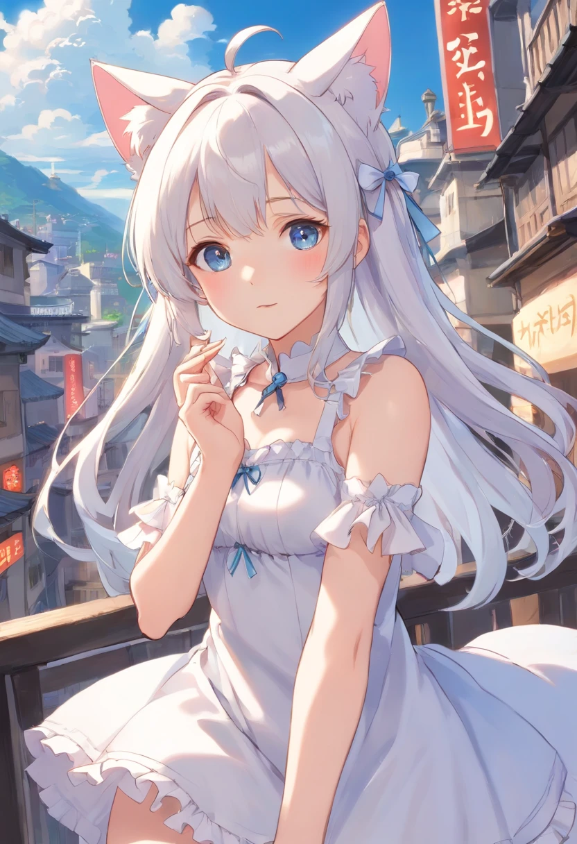 No shoes,Stand barefoot,Masterpiece,long whitr hair,extremely hyper,A giantess,In the city,Full limbs,Huge maiden,The face is delicate,White color hair,Double ponytail curls,blue color eyes,White Lolita,Long-range shots,white stockings,There are cat ears on the head, white dresses, silber hair, cute anime waifu in a nice dress, White-haired god, gray-haired girl, Perfect girl with white hair, whaite hair,