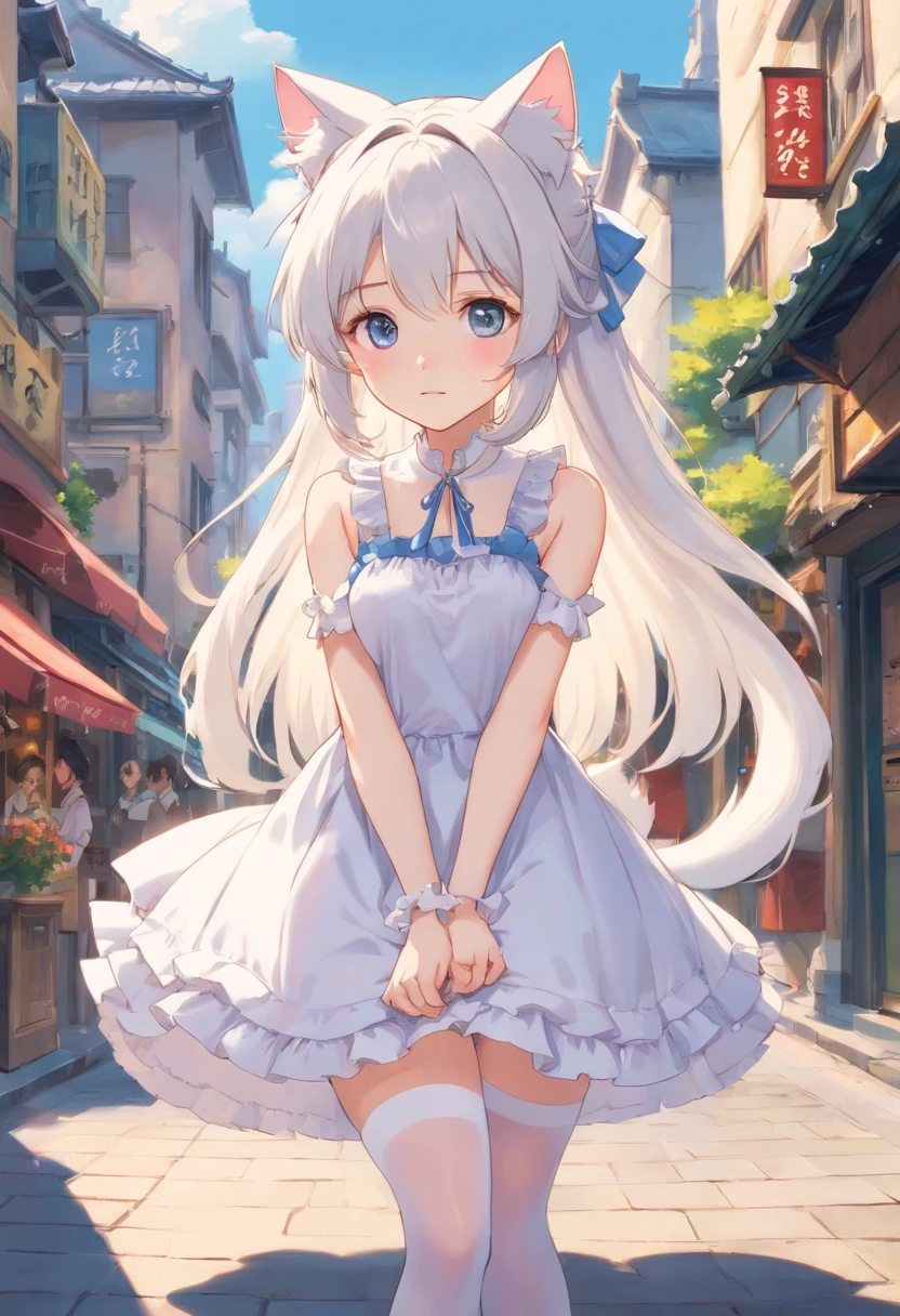 No shoes，Stand barefoot，Masterpiece，long whitr hair，extremely hyper，A giantess，In the city，Full limbs，Huge maiden，The face is delicate，White color hair，Double ponytail curls，blue color eyes，White Lolita，Long-range shots，white stockings，There are cat ears on the head, white dresses， silber hair, cute anime waifu in a nice dress, White-haired god, gray-haired girl, Perfect girl with white hair, whaite hair,