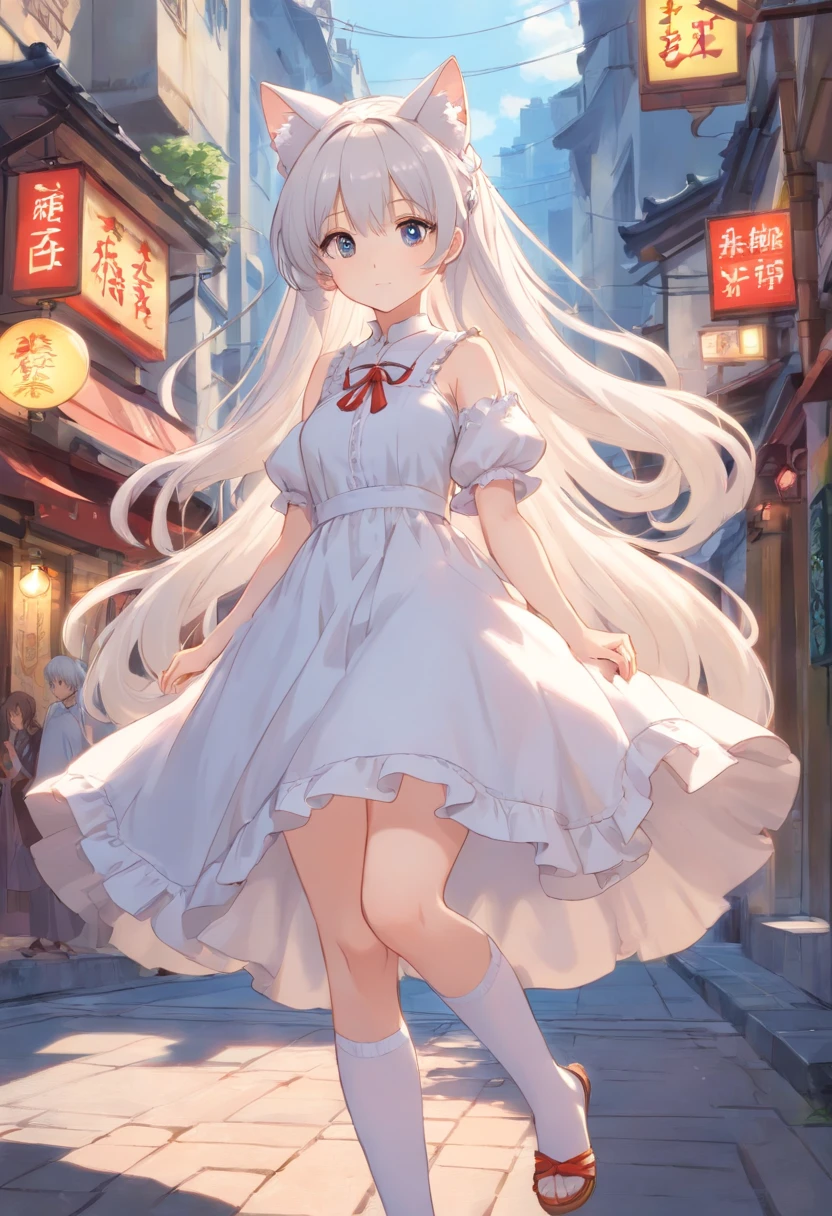 No shoes，Stand barefoot，Masterpiece，long whitr hair，extremely hyper，A giantess，In the city，Full limbs，Huge maiden，The face is delicate，White color hair，Double ponytail curls，blue color eyes，White Lolita，Long-range shots，white stockings，There are cat ears on the head, white dresses， silber hair, cute anime waifu in a nice dress, White-haired god, gray-haired girl, Perfect girl with white hair, whaite hair,