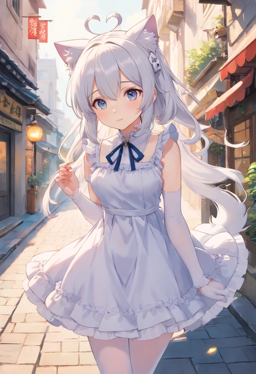 No shoes，Stand barefoot，Masterpiece，long whitr hair，extremely hyper，A giantess，In the city，Full limbs，Huge maiden，The face is delicate，White color hair，Double ponytail curls，blue color eyes，White Lolita，Long-range shots，white stockings，There are cat ears on the head, white dresses， silber hair, cute anime waifu in a nice dress, White-haired god, gray-haired girl, Perfect girl with white hair, whaite hair,