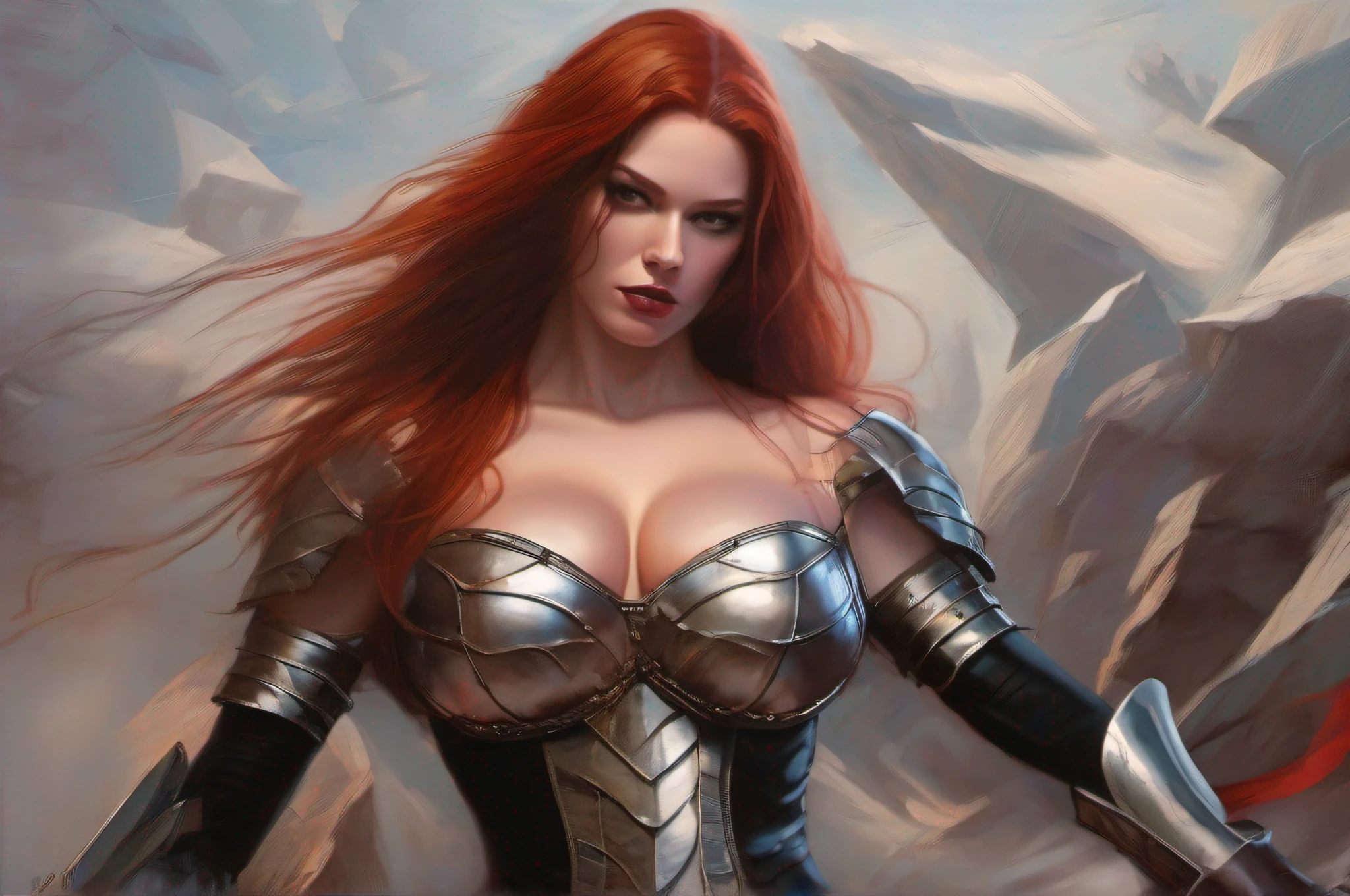 titan femme fatale villainess, fatality action , flowing dress armor, hyper realism, professional photography, brilliant painter , 1girl nudity sexy, breasts, solo, long red hair in motion for air, cleavage, armor, large breasts