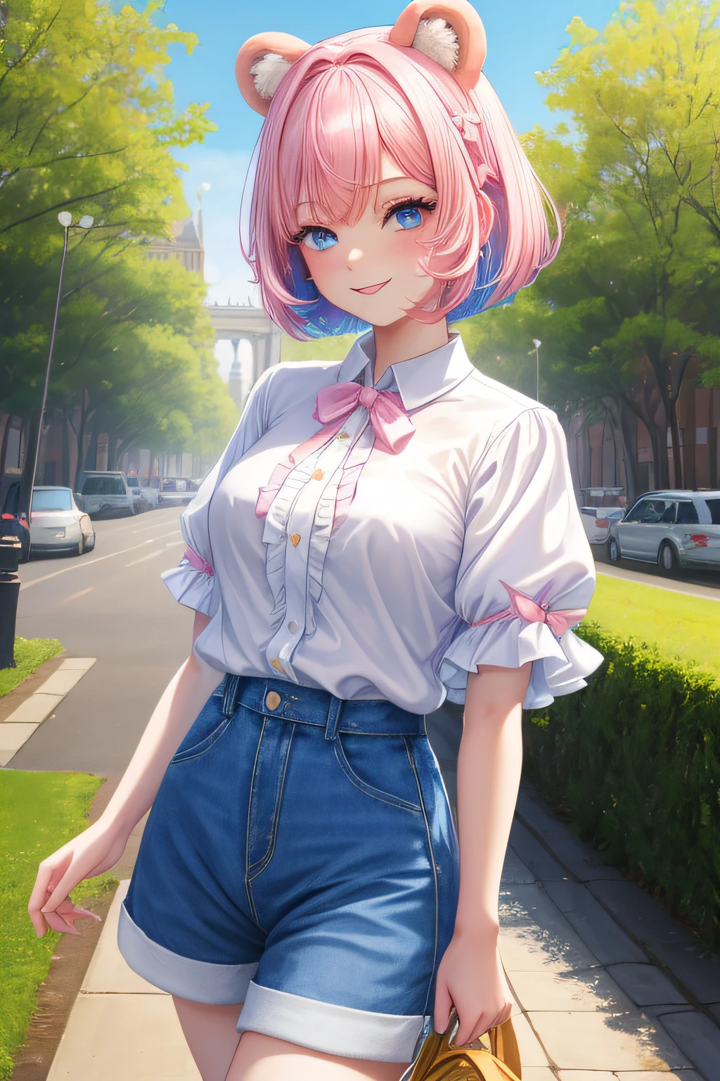 master piece, Best Quality, High resolution, Ultra-detailed, 1girl in, Late teens, Pink hair and pale blue eyes, (White shirt, Simple shirt without ribbon), sheer sleeves, bulging short sleeves, Dark blue shorts, Fluffy animal ears, Bangs, Short hair, Bow, Hair Bow, pink bows, a smile, Best Smile, Brown bear ears, bob cuts, tits out, Walking, a park, Pale blue hair and pink eyes,