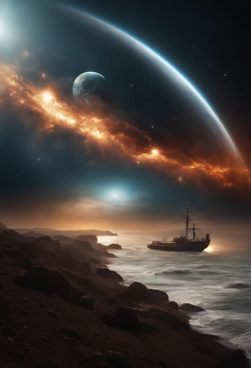 ((best quality)), ((master part)), (dramatic scene), A Terra e o Sol colapsam em buracos negros como o Sol, (Enlightenment of the last days:1.3), O sol escurece quando ejetado, (Epic composition:1.2), Terra banhada em luz vermelha, (cg animation:1.1), Flames and debris are inhaled, (Emergency atmosphere:1.2), Pessoas fugindo de barco, (atmosfera de filme:1.3), Nebulae and galaxies in the background, (alto contraste:1.1), (8K resolution:1.0),Five verses