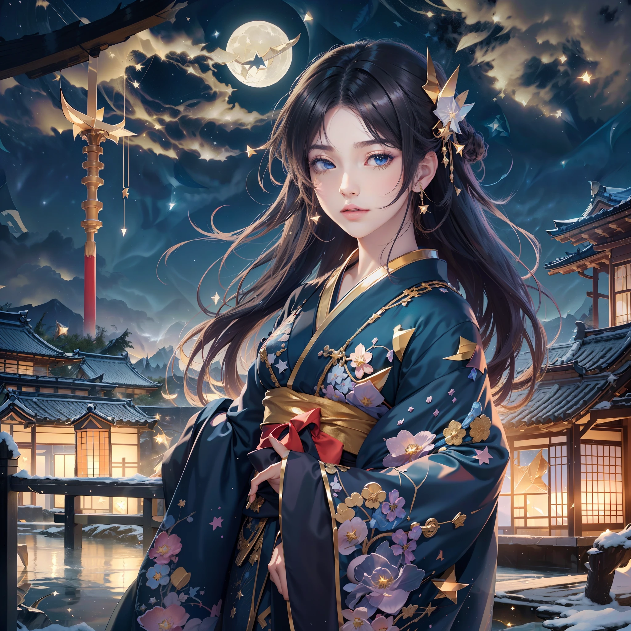 Ancient capital and moon in the background(nigh sky:1.5),(night star:2.0),watching at viewers、{{{Create top-quality 2D graphics for winter RPG views, Features bright colors of the starry sky.}}}、poneyTail、glossy dark hair、cute  face、Teenage Japan、{{{Luxury kimono(Black kimono(Detailed golden embroidery,))}}}、face perfect,Depict a beautiful and graceful woman of Japan。Heart in the eye。full body Esbian。 Beautiful anime art wallpaper 8k, beautiful fantasy anime, Beautiful anime, Detailed anime artwork.Blur the background with a sickle,((masutepiece)), ((Best Quality))