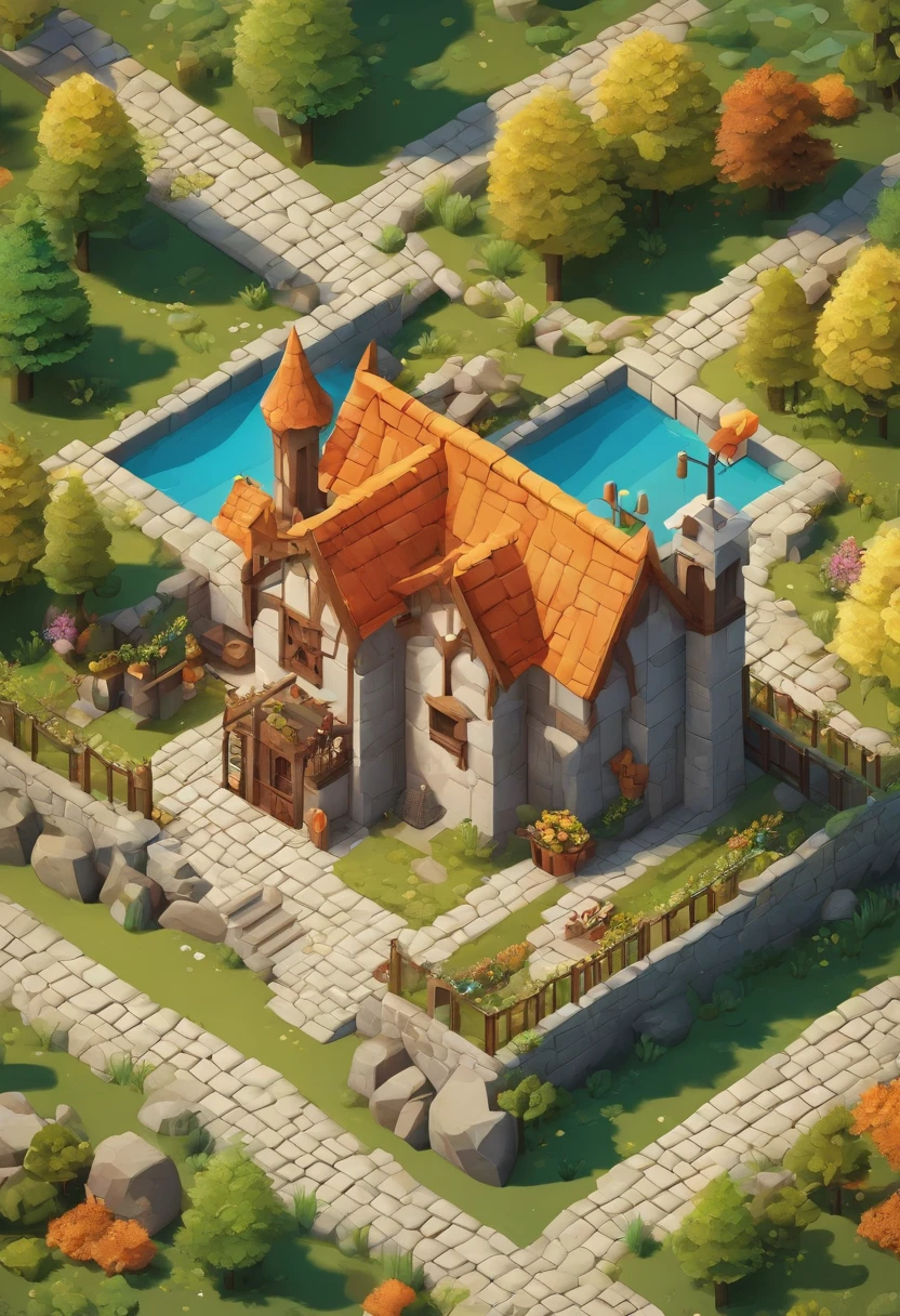 absurdos, best quality, fantasia, isometric, estilo knolling de (casa medieval em miniatura:1.2), tree, Parede de Pedra, (fundo simples:1.2)