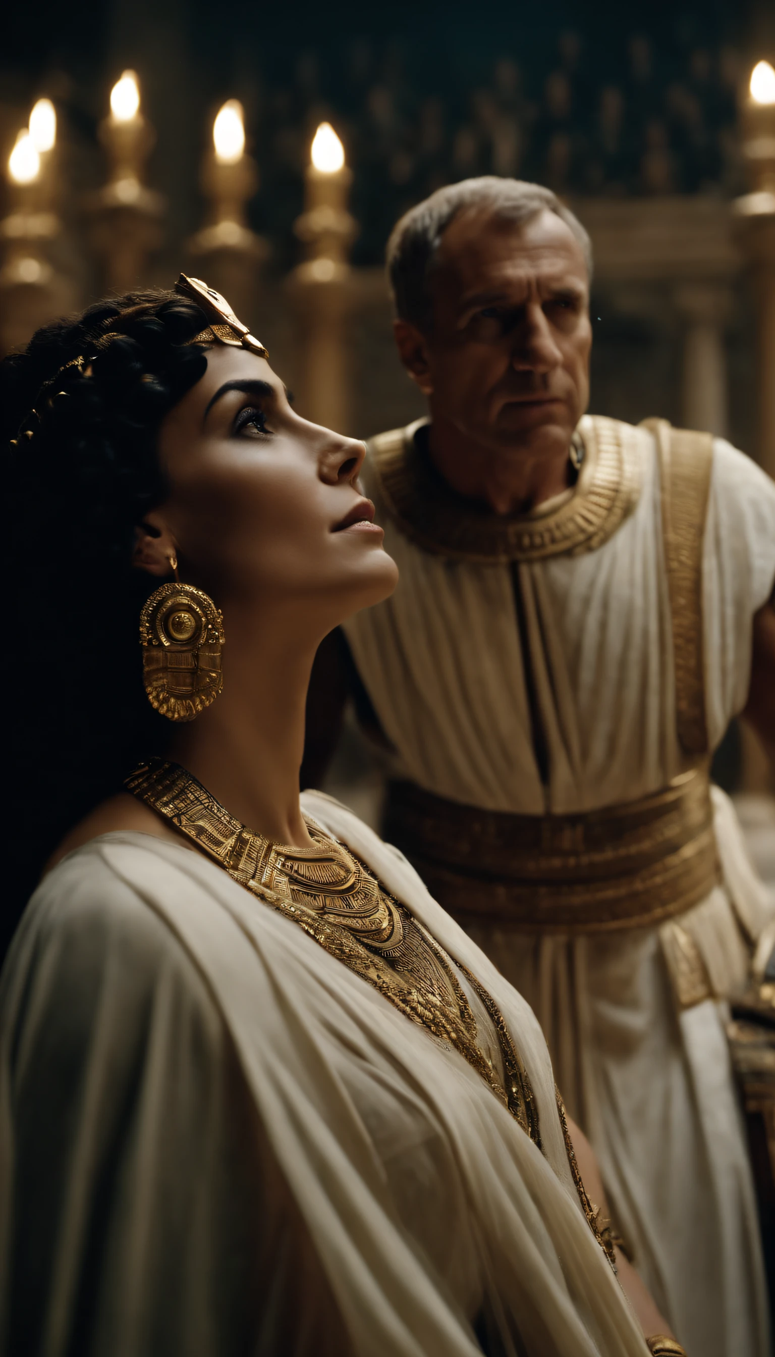 Generate an image that represents Cleopatra next to Julius Caesar, in an image that depicts the relationship and political alliance between them.