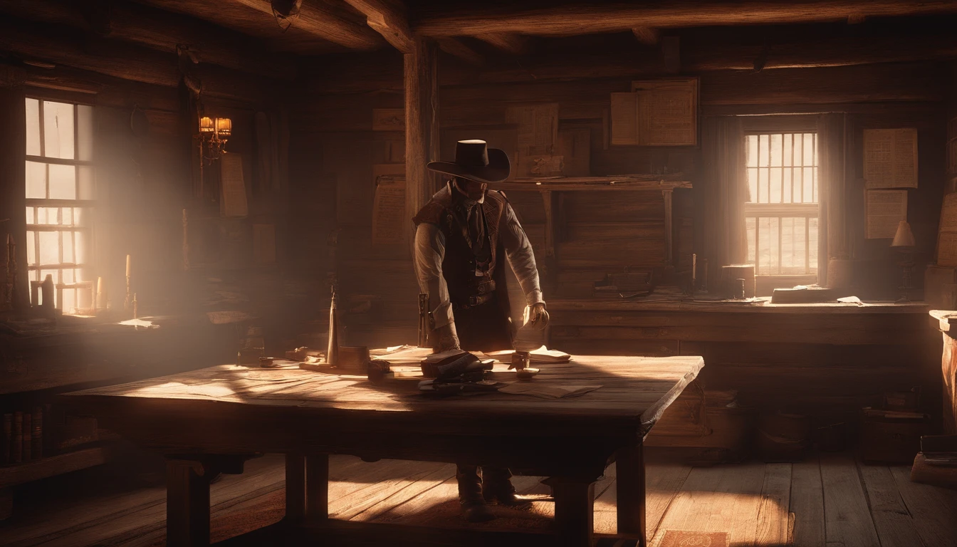 (best quality,4k,8k,highres,masterpiece:1.2),ultra-detailed,(realistic,photorealistic,photo-realistic:1.37),red dead redemption 2 artwork style,dark room,1899 western style,sheriff office,sheriff office decoration ,sheriff badge,wooden desk,oil painting texture,vintage atmosphere,vibrant colors,soft lighting,Wanted posters hanging on the wall,old wooden walls and floors,strong shadows,leather chairs,dusty air,aged artifacts,authentic costumes,cowboy boots,revolver holsters,jail cells in the background,old documents on the desk,authentic western rifles,antique furniture,sunlight streaming through the window,whiskey bottles on the table,handwritten letters,fireplace with a flickering flame,a painting of the wild west landscape in the background,6 men, 6 sheriffs standing, sheriff malloy