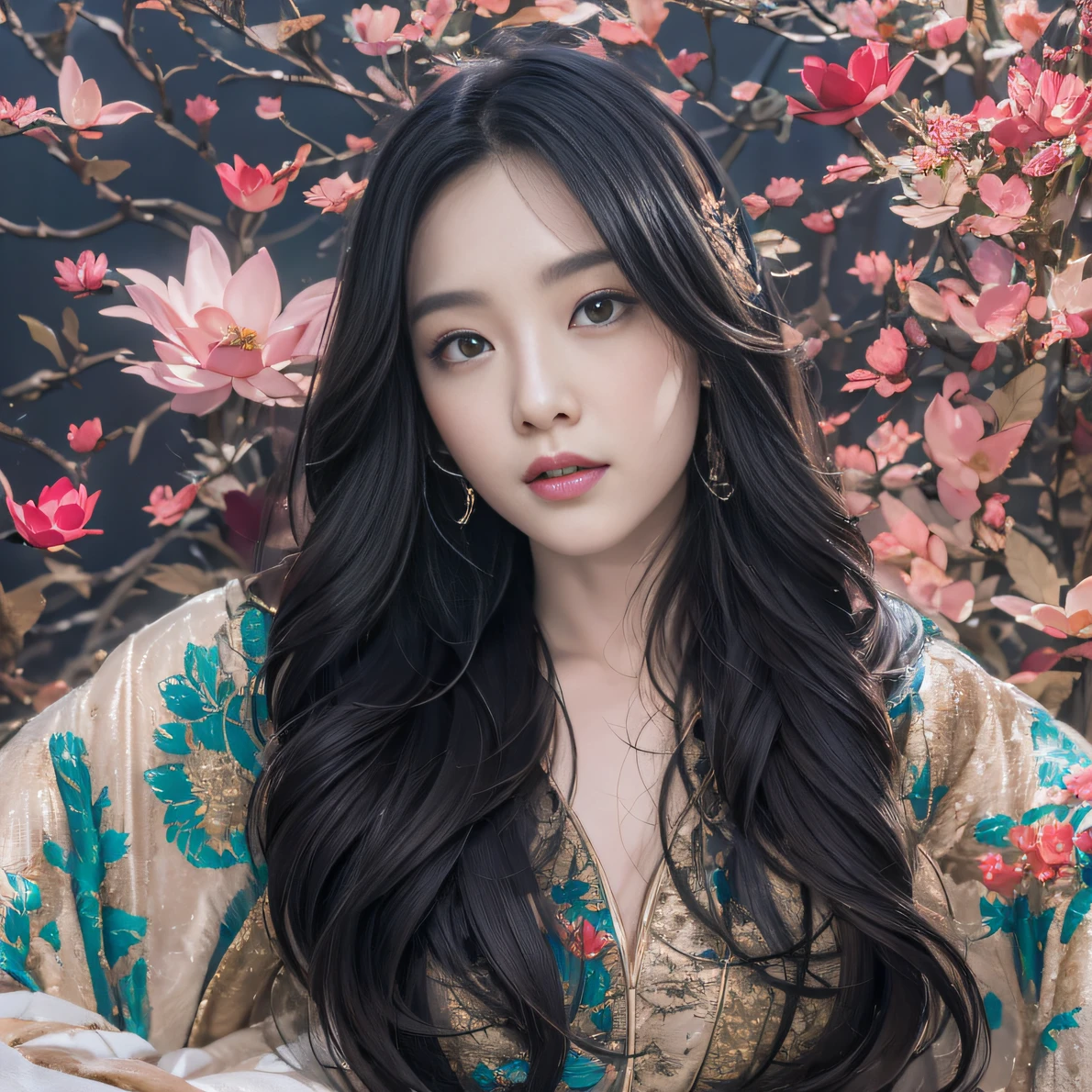 32K(tmasterpiece,k hd,hyper HD,32K)Long flowing black hair,ponds,zydink, a color, Aozhou people (Concubine girl), (Silk scarf), Combat posture, looking at the ground, long whitr hair, Floating hair, Carp pattern headdress, Chinese long-sleeved clothing, (abstract ink splash:1.2), Pink petal background,Pink and white lotus flowers fly(realisticlying:1.4),Black color hair,Fallen leaves flutter,The background is pure, A high resolution, the detail, RAW photogr, Sharp Re, Nikon D850 Film Stock Photo by Jefferies Lee 4 Kodak Portra 400 Camera F1.6 shots, Rich colors, ultra-realistic vivid textures, Dramatic lighting, Unreal Engine Art Station Trend, cinestir 800,Long flowing black hair,Denim skirt