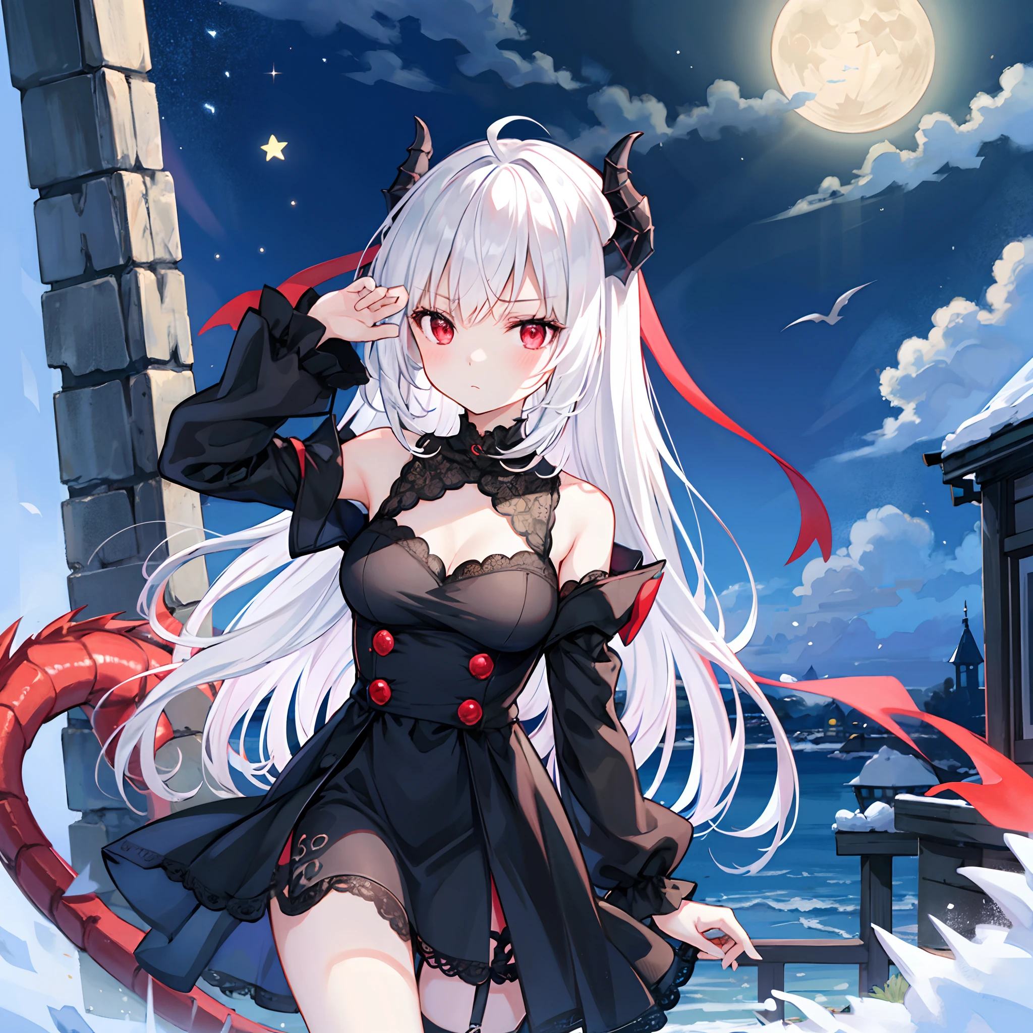 silber hair、red eyes、One Vampire Girl、独奏、animesque、doress、a miniskirt、a moon、蝙蝠の羽