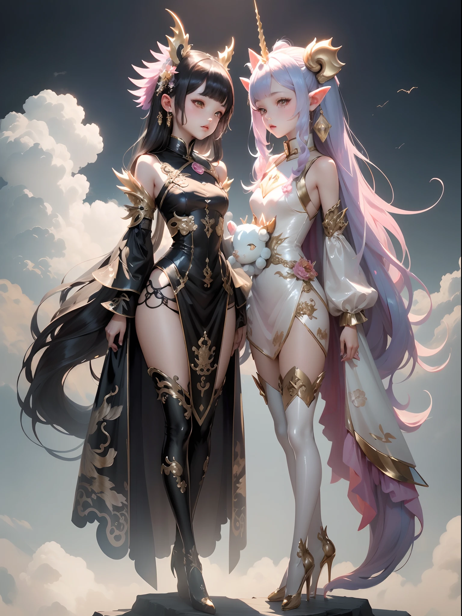 Best Quality, masterpiece, realist, meticulous detail, A beautiful and ethereal woman in an ethereal sky.., big chest, very long legs, big hips, surprising, sexy, happy, ray tracing, pink hair, (rabbit ears)
