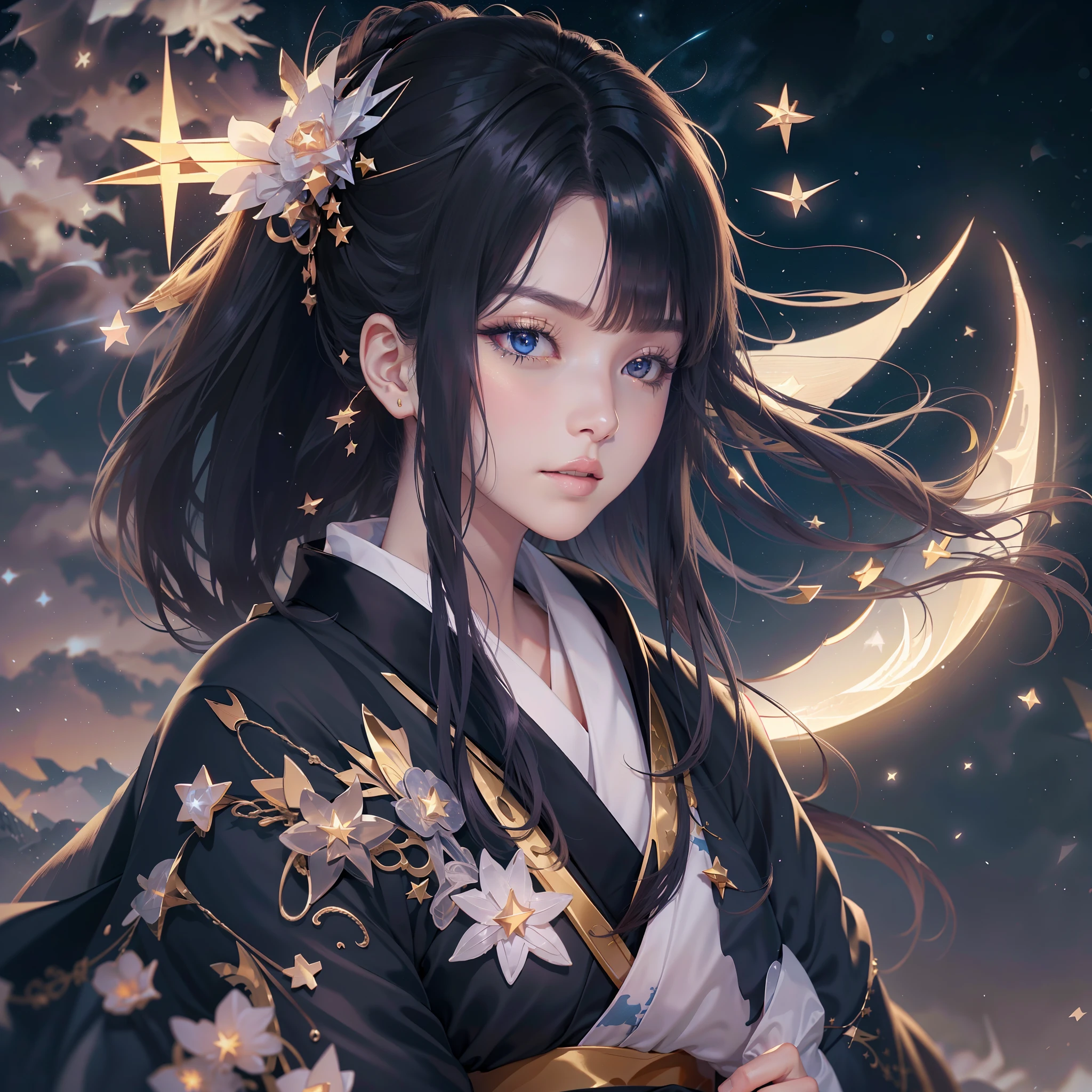 Ancient capital and moon in the background(nigh sky:1.5),(night star:2.0),watching at viewers、{{{Create top-quality 2D graphics for winter RPG views, Features bright colors of the starry sky.}}}、poneyTail、glossy dark hair、cute  face、Teenage Japan、{{{Luxury kimono(Black kimono(Detailed golden embroidery,))}}}、face perfect,Depict a beautiful and graceful woman of Japan。Heart in the eye。full body Esbian。 Beautiful anime art wallpaper 8k, beautiful fantasy anime, Beautiful anime, Detailed anime artwork.Blur the background with a sickle,((masutepiece)), ((Best Quality))