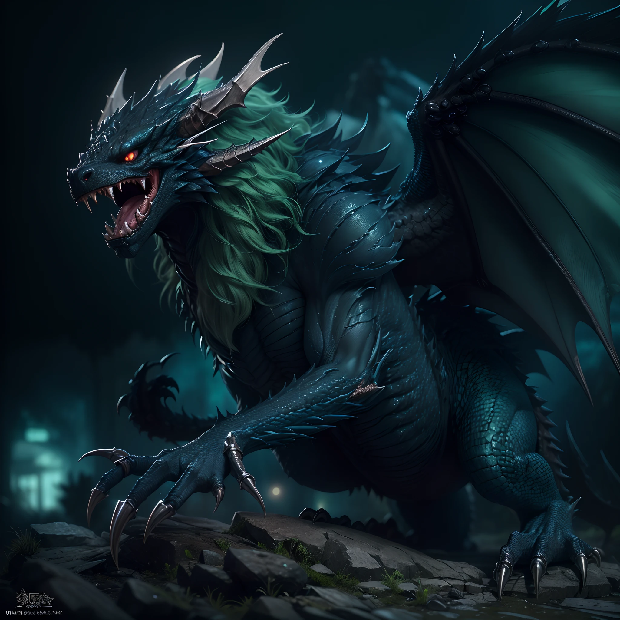 (Best quality,Ultra-detailed,Realistic:1.37),[(non-humanoid)+(manticore)],Sharp teeth,Green tongue,Demon Dragon Wings,ominous lighting,Black and dark blue tones。