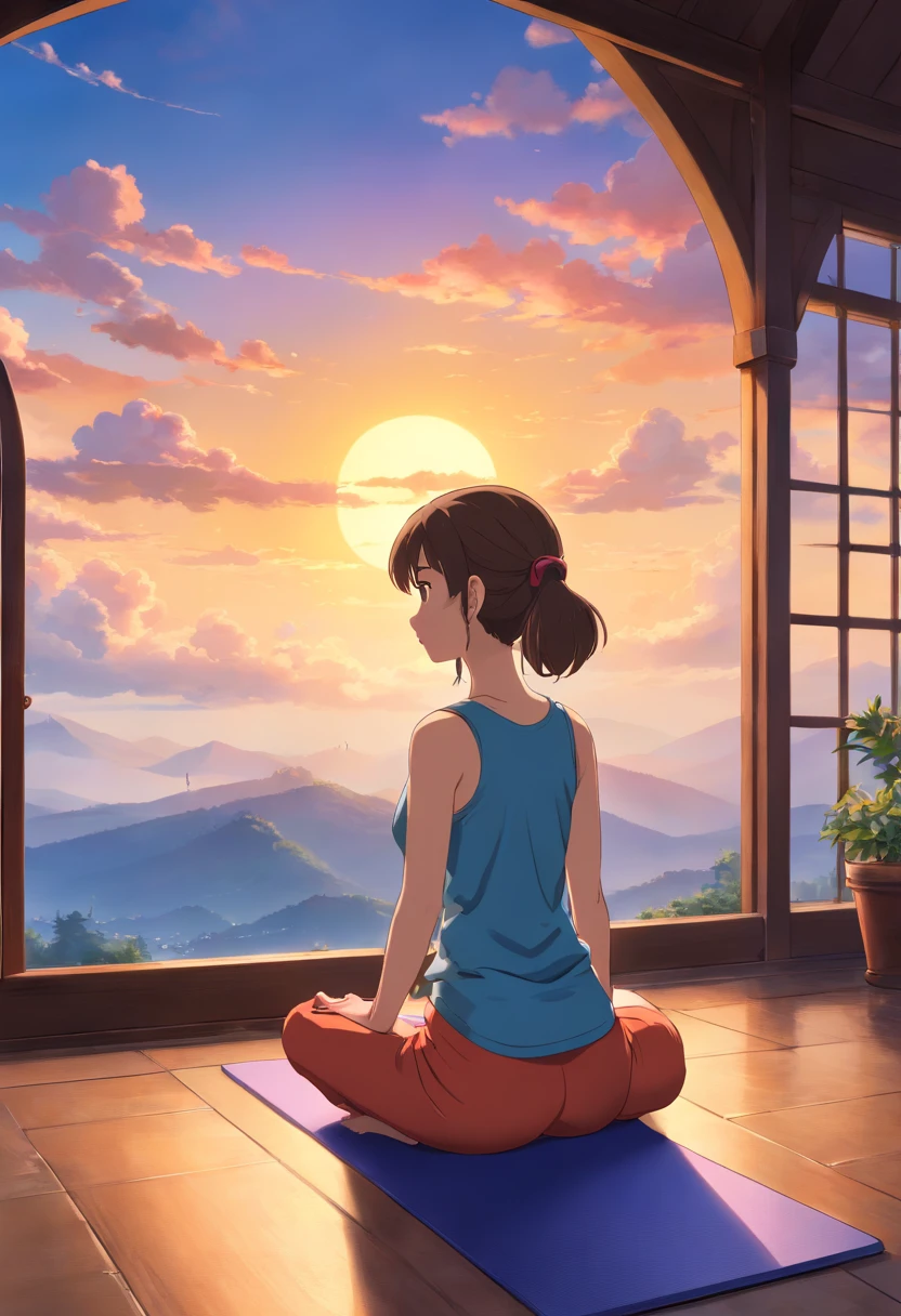 (best quality,4k,8k,highres,masterpiece:1.2),ultra-detailed,(realistic,photorealistic,photo-realistic:1.37),Sky at dawn,silhouette,[woman],[doing yoga],[30-year-old],(yoga mat),ethereal sensation,postures.