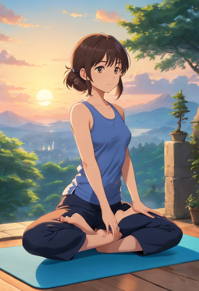 (best quality,4k,8k,highres,masterpiece:1.2),ultra-detailed,(realistic,photorealistic,photo-realistic:1.37),Sky at dawn,silhouette,[woman],[doing yoga],[30-year-old],(yoga mat),ethereal sensation,postures.