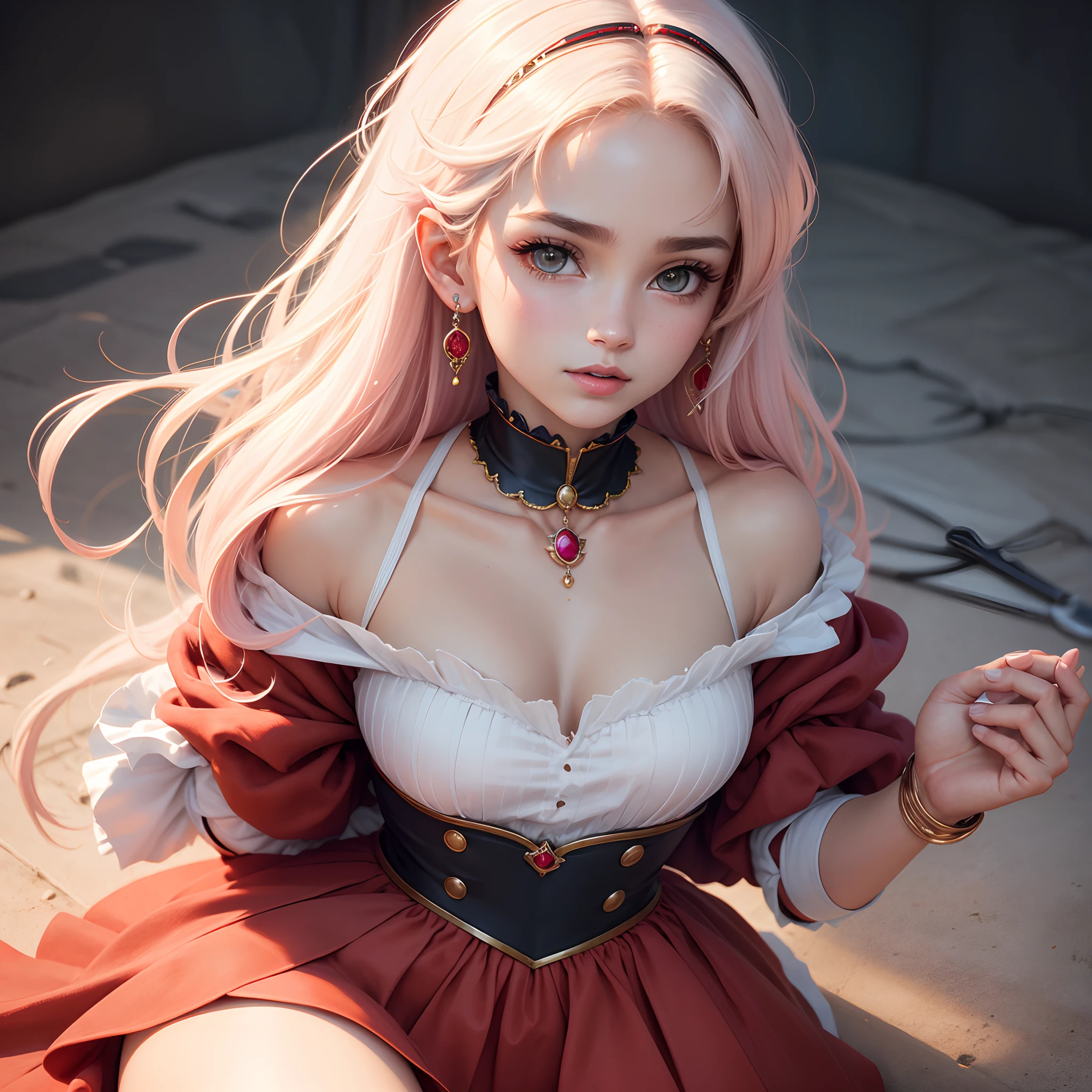 obra maestra, mejor calidad, high resolusion, 1 girl in, solo, uniforme de sailor moon, cabello corto blanco, Magical Girl, ojos claros, falda roja, guantes hasta el codo, tiara, falda plisada, collar de marinero rojo, minifalda, gargantilla, lazo rojo, gargantilla roja, guantes blancos, cabello suelto, joyas, aretes, sentada, piernas cruzadas,