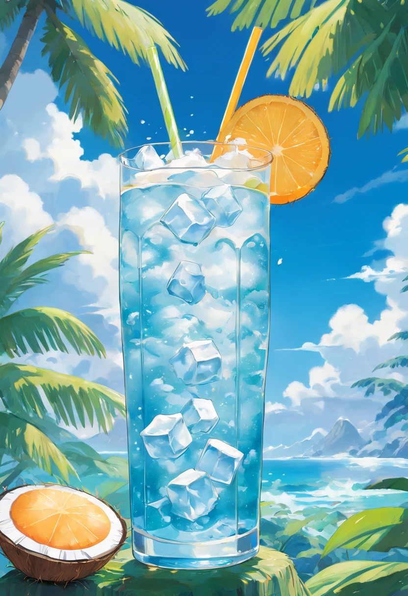 (Chinese beauty) A soft drink made of coconut juice, ice cubes, and coconut juice. Milky white turns white. Very cool. There are colored straws and ice cubes, placed on green leaves, outdoors, a clear blue sky, beautiful clouds