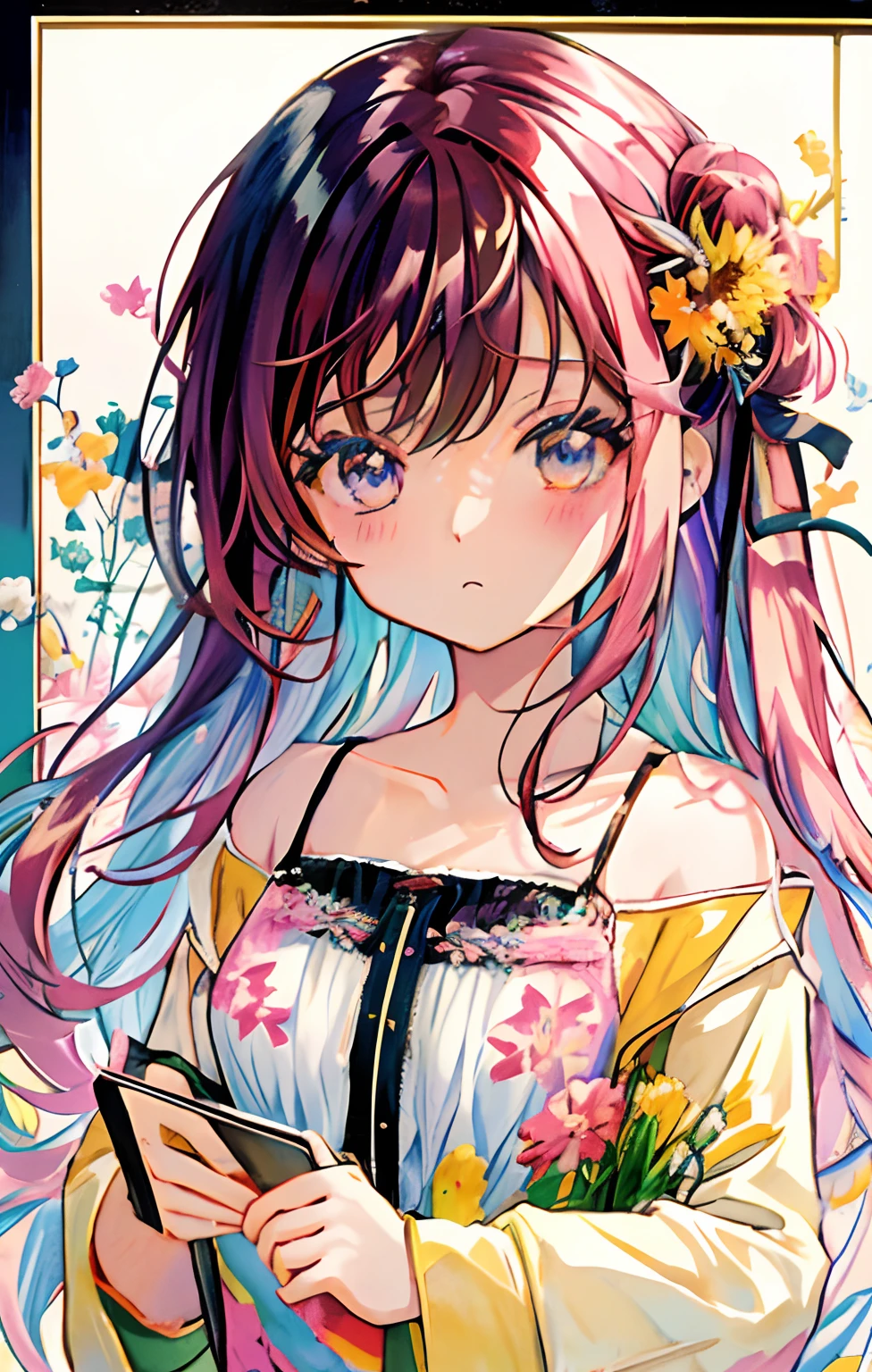 anime com cabelo longo e flores em seu cabelo, colored manga art, retrato bonito do anime, colorful manga, anime moe artstyle, menina bonita, arte oficial, retrato detalhado da menina do anstilo de arte anime bonito, retrato estilo anime, full color manga visual style, bela arte de anime, Manga art style, digital manga art, anime illustration, estilo de arte de anime