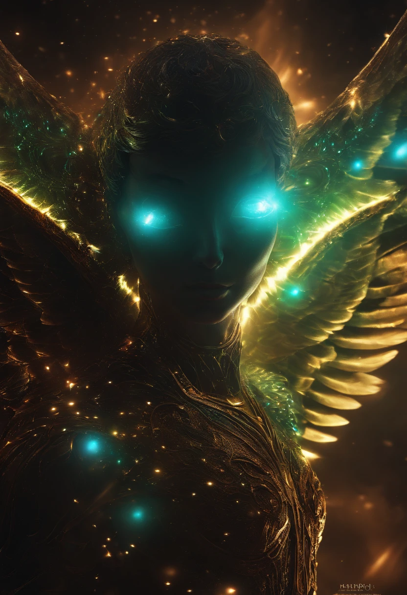 Cosmic Fallen Angel, glowing light eyes, Biomechanical, eerie, Creepy, nightmarish, Very bright colors, Light particles, with light glowing, Mshiff, wallpaper art, UHD wallpaper